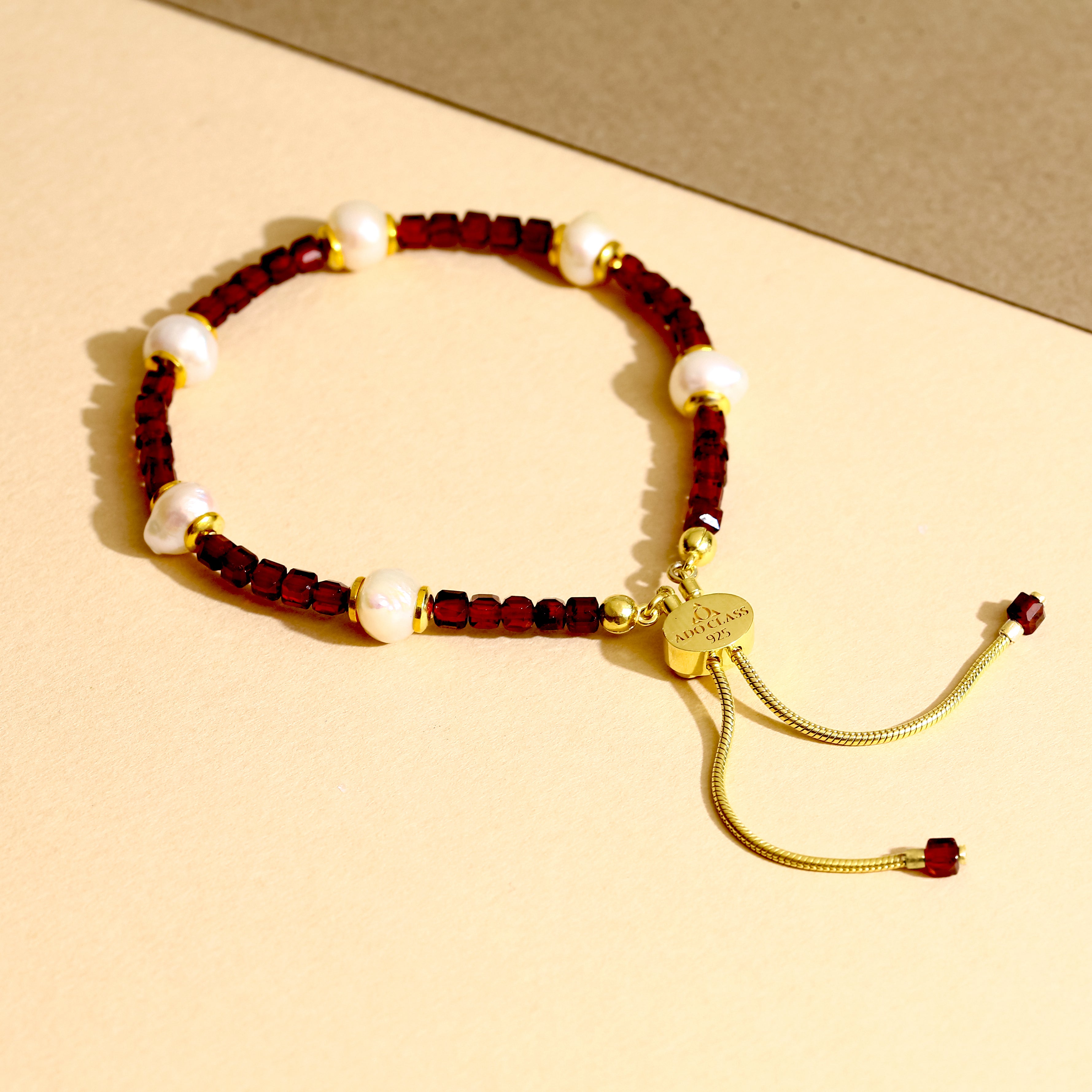 18K Gold Vermeil Garnet & İnci Bileklik - 925 Ayar Gümüş El İşçiliği