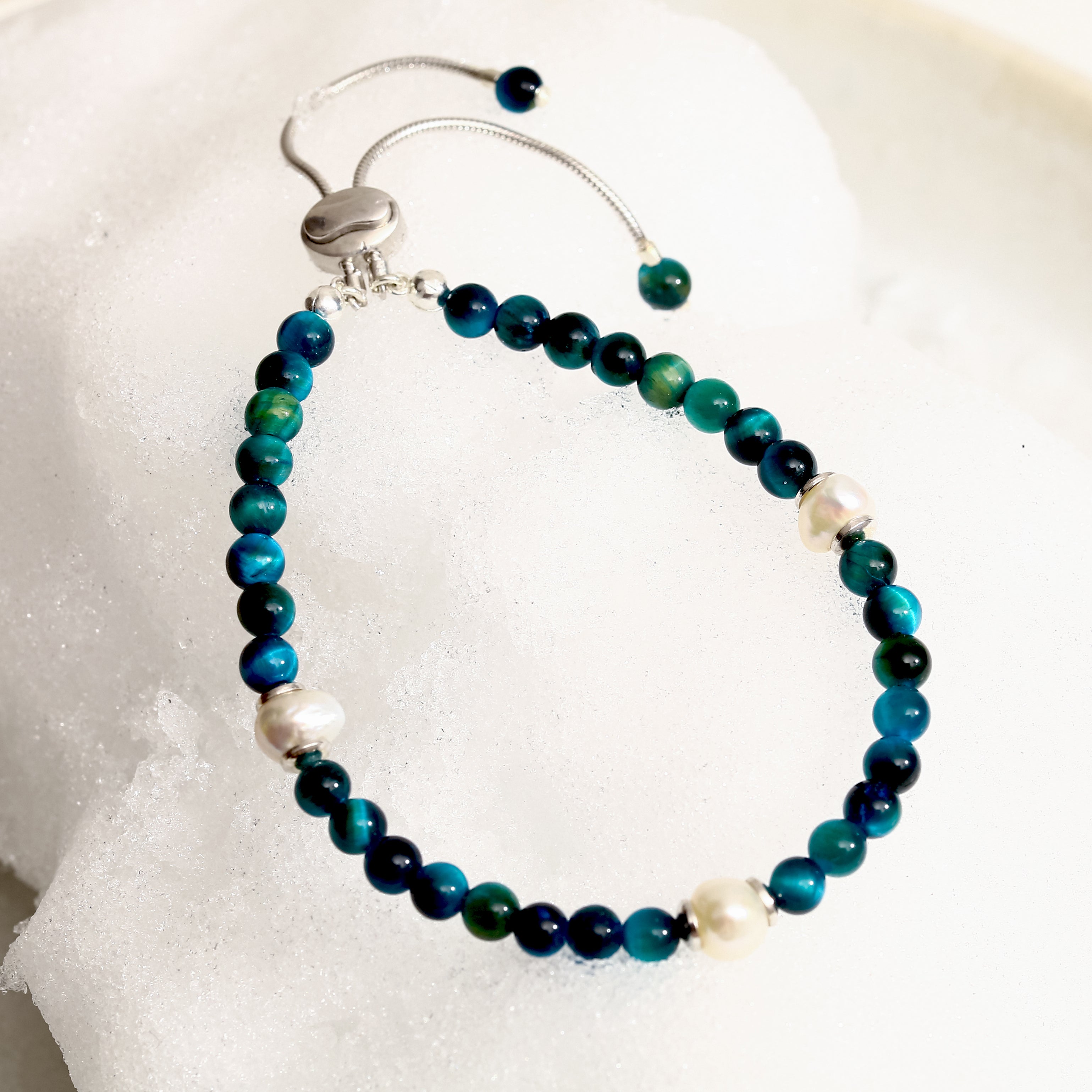 925 Ayar Gümüş Mavi Kaplan Gözü ve Barok İnci Bileklik - Ayarlanabilir Unisex Tasarım