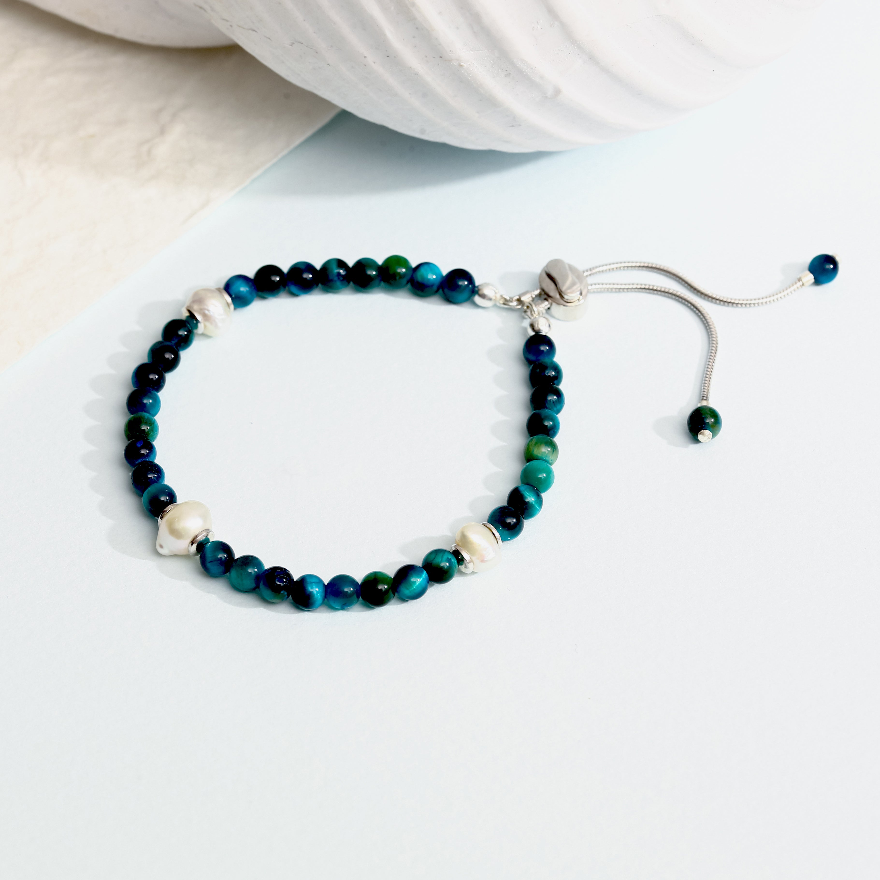 925 Ayar Gümüş Mavi Kaplan Gözü ve Barok İnci Bileklik - Ayarlanabilir Unisex Tasarım