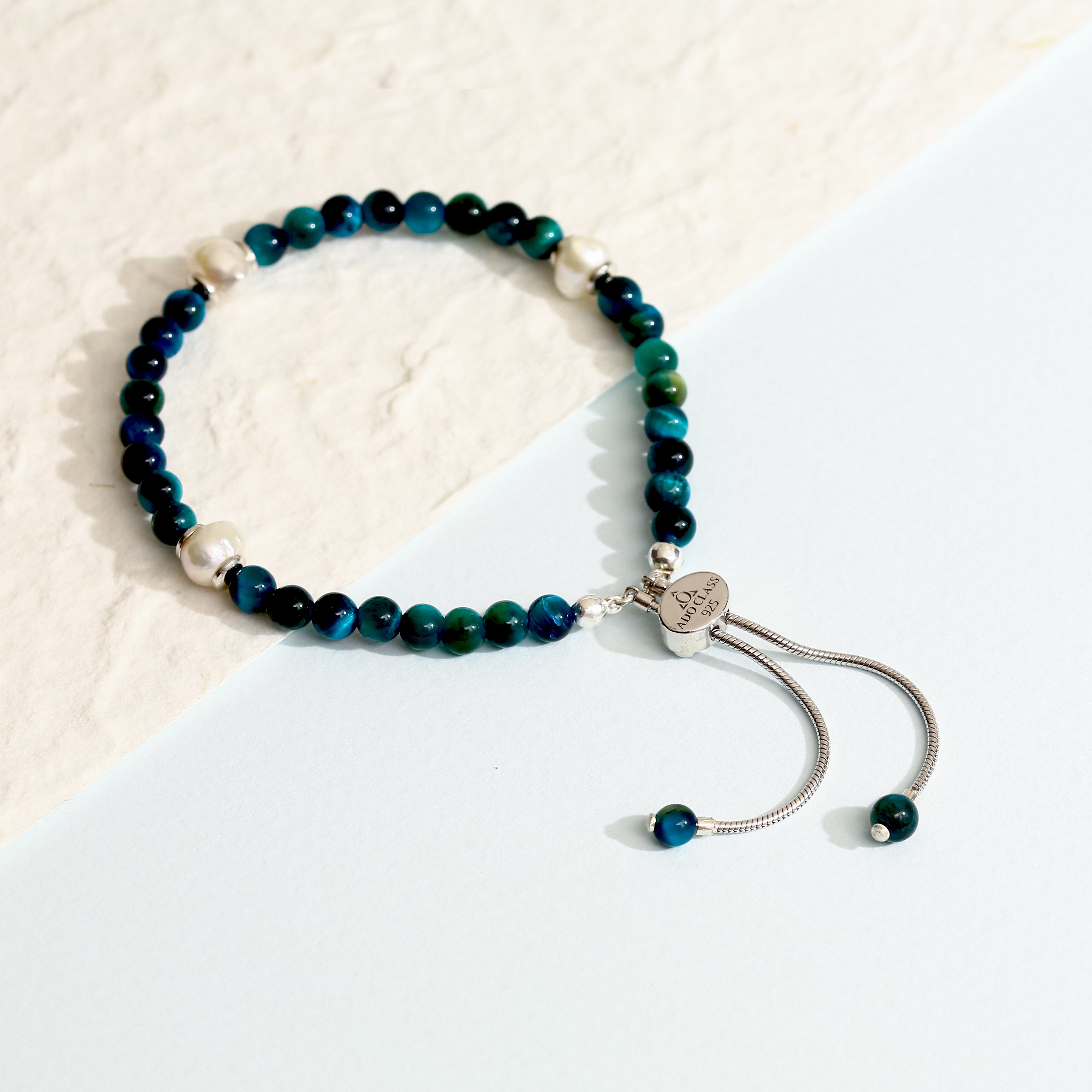 925 Ayar Gümüş Mavi Kaplan Gözü ve Barok İnci Bileklik - Ayarlanabilir Unisex Tasarım