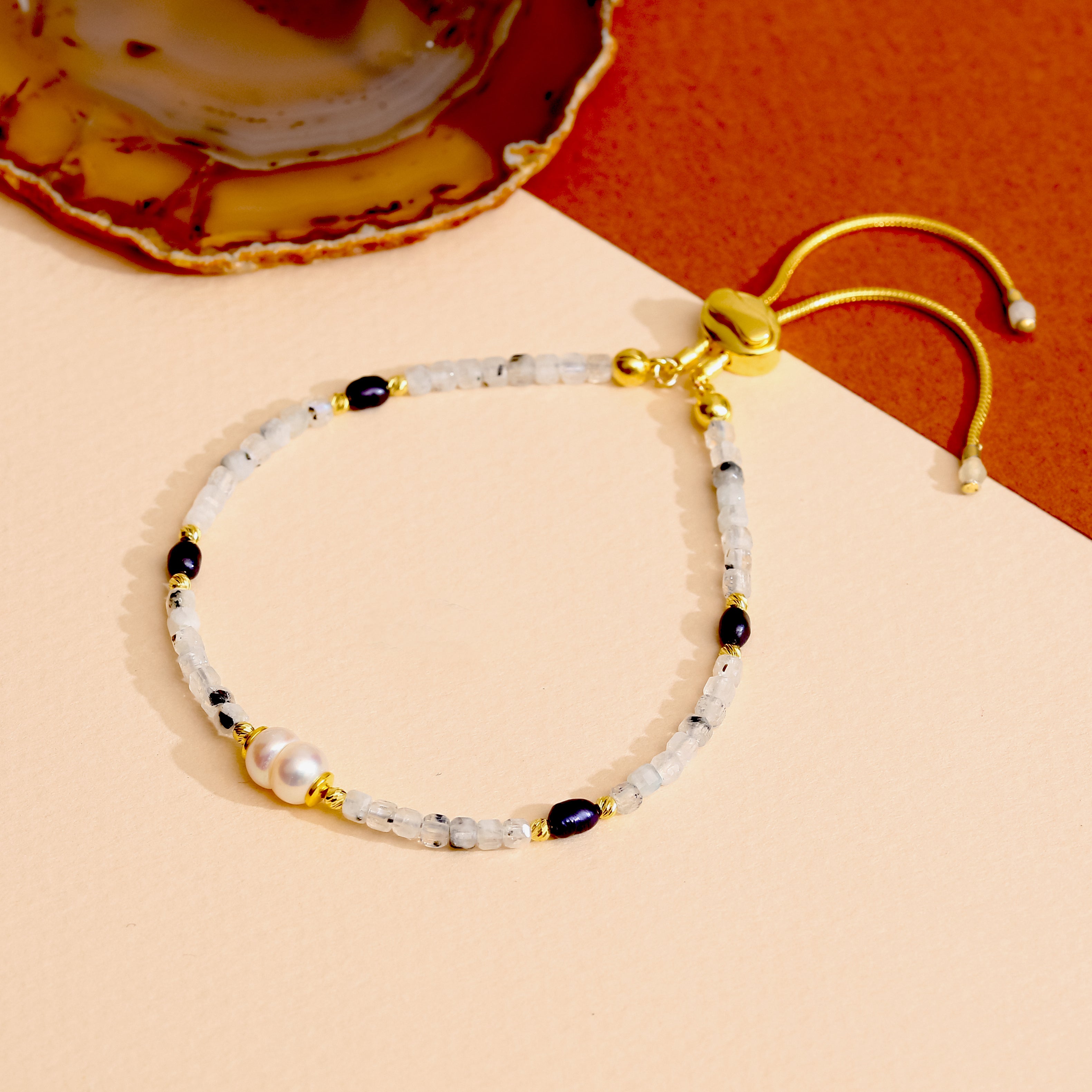 925 Ayar Gümüş 18 Ayar Altın Kaplama Turmalinli Kuvars ve İnci Bileklik