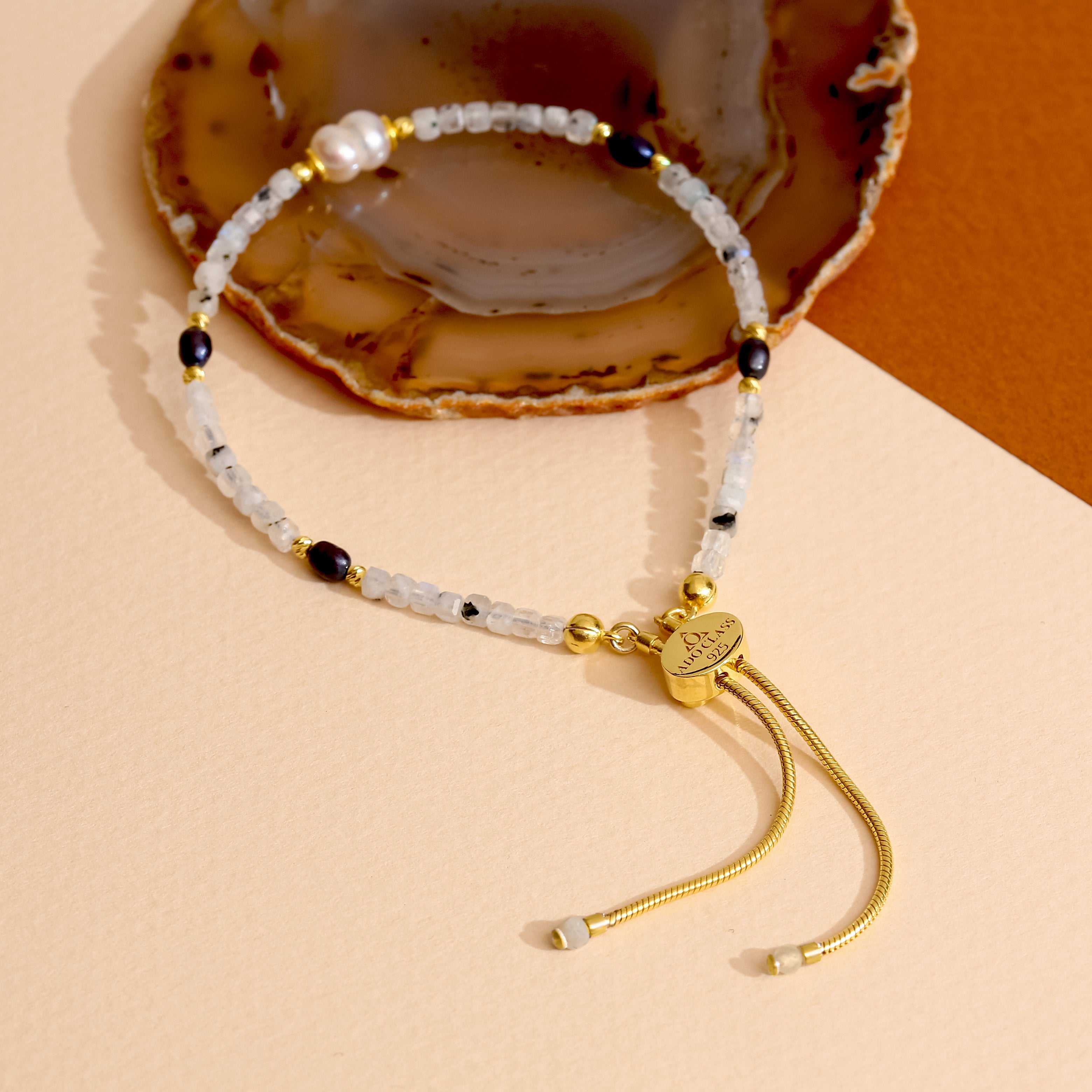 925 Ayar Gümüş 18 Ayar Altın Kaplama Turmalinli Kuvars ve İnci Bileklik