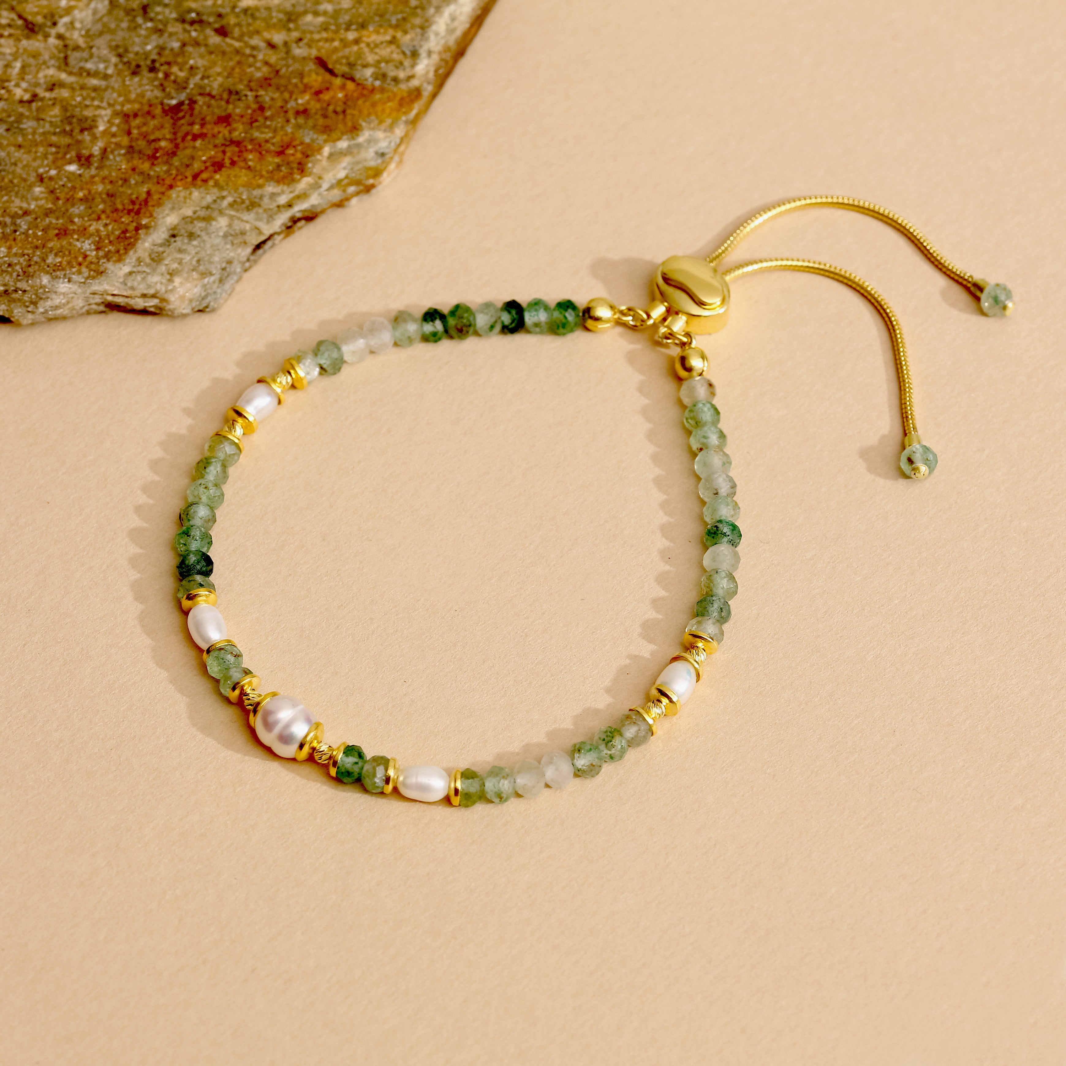 El Yapımı Yosun Akik ve İnci Bileklik - 18 Ayar Altın Kaplama, Ayarlanabilir