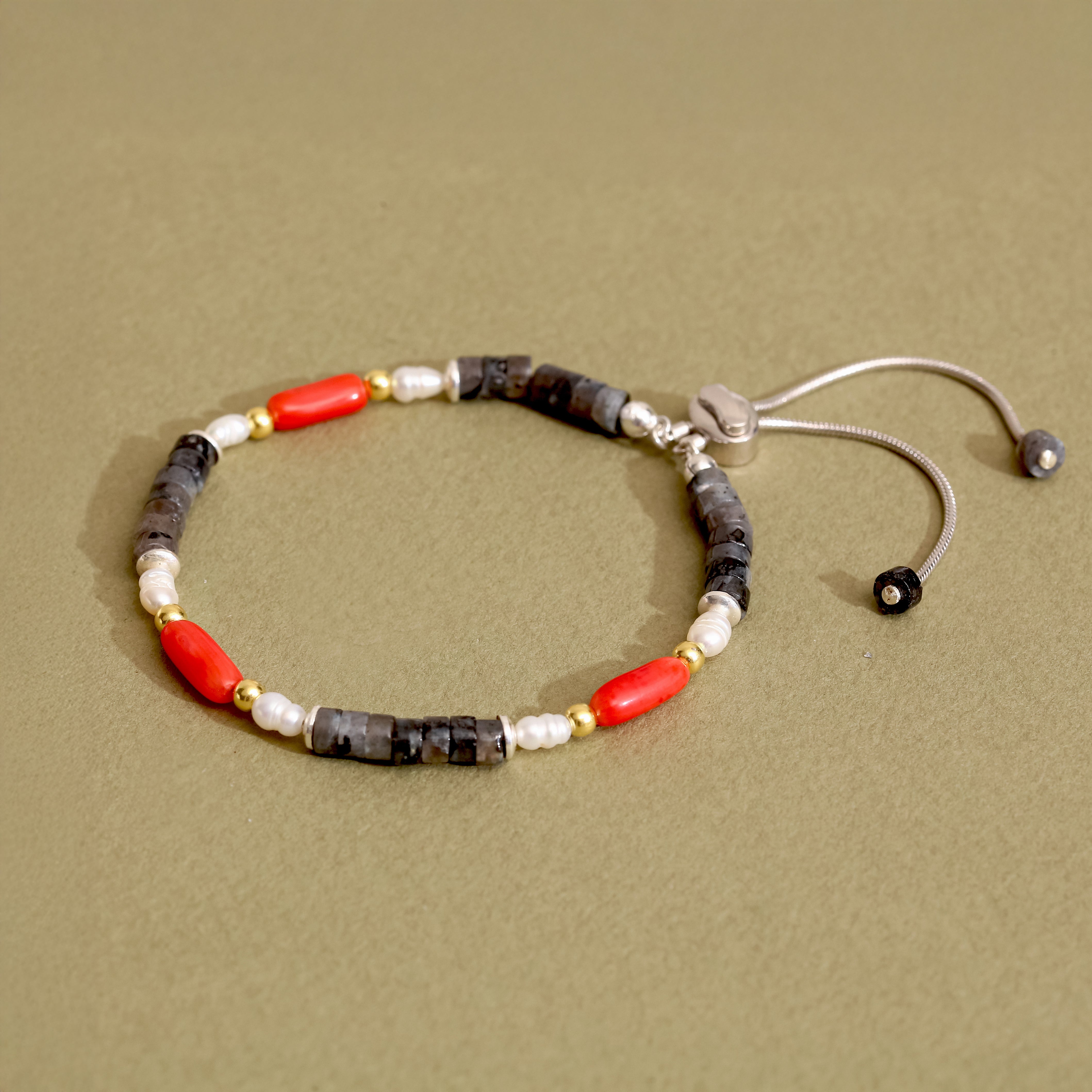 925 Ayar Gümüş Picasso Jasper, Mercan ve İnci Bileklik - Ayarlanabilir