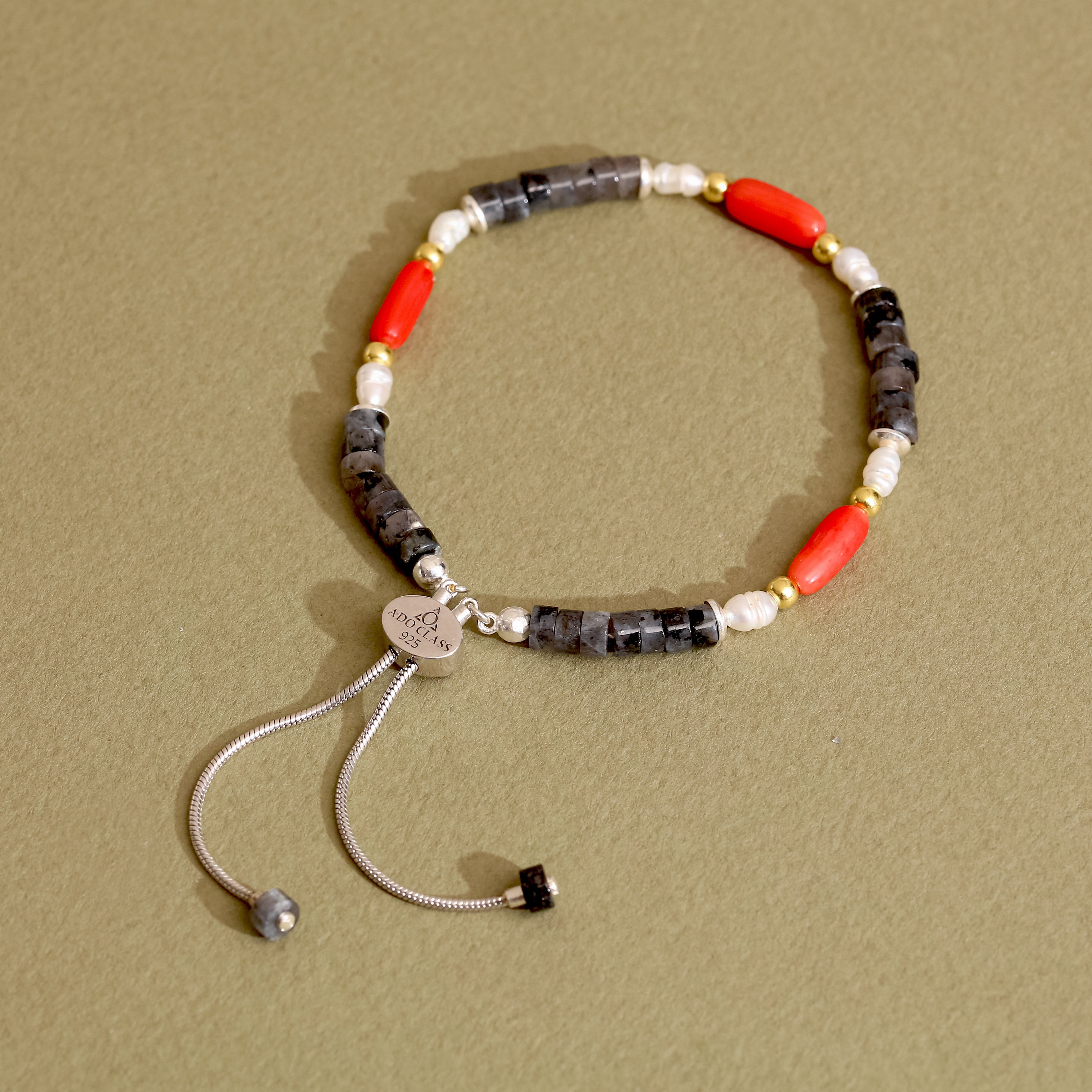 925 Ayar Gümüş Picasso Jasper, Mercan ve İnci Bileklik - Ayarlanabilir