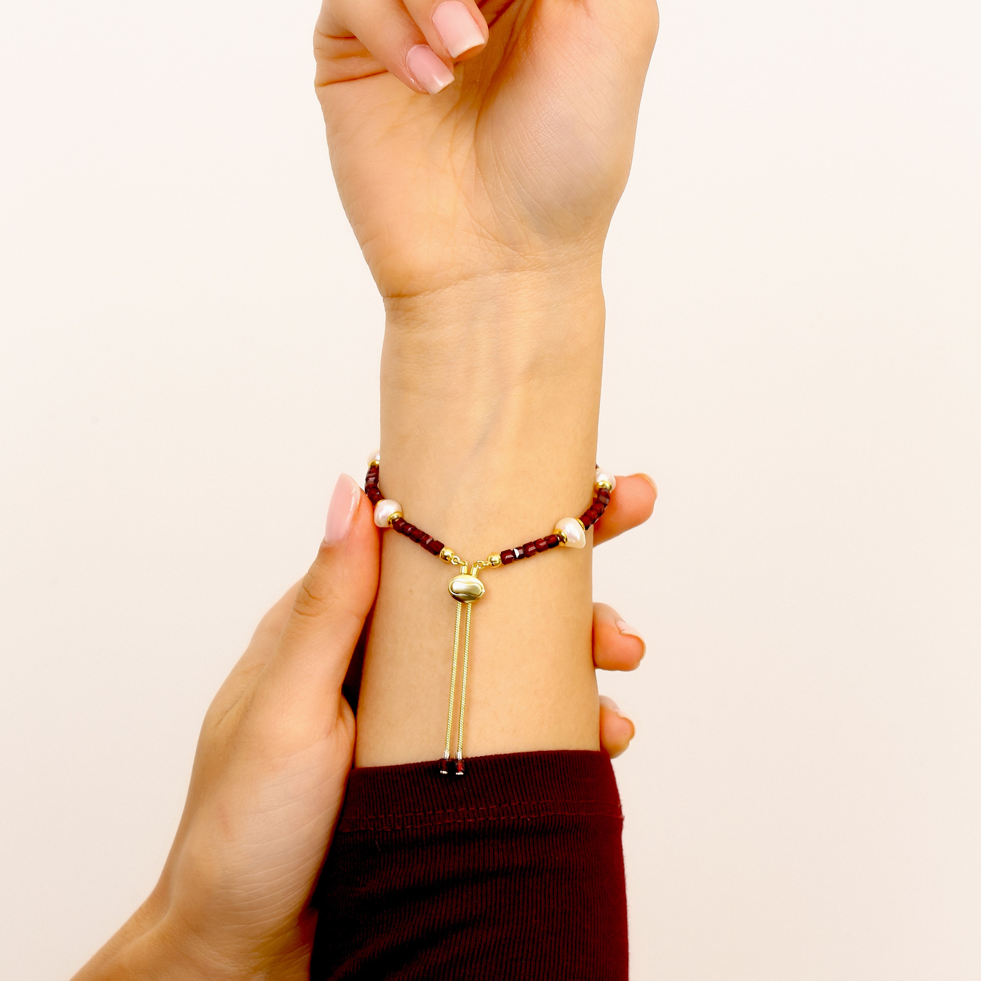 18K Gold Vermeil Garnet & İnci Bileklik - 925 Ayar Gümüş El İşçiliği