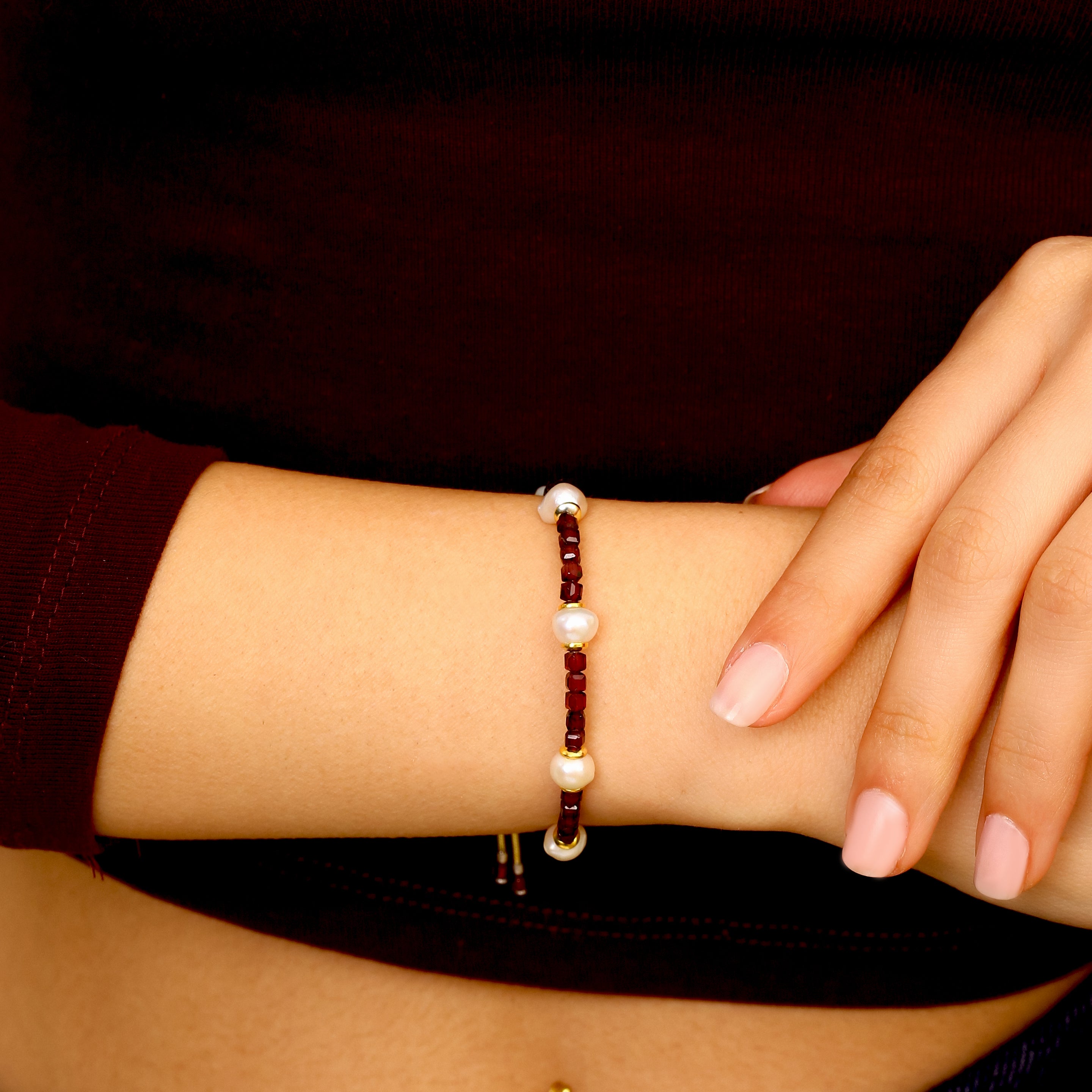 18K Gold Vermeil Garnet & İnci Bileklik - 925 Ayar Gümüş El İşçiliği