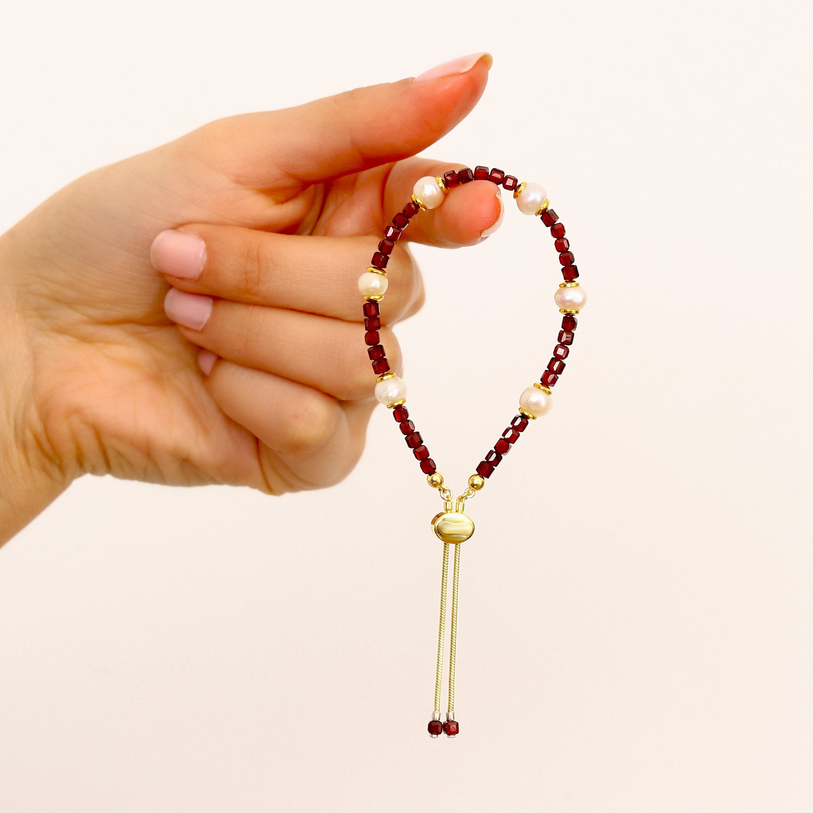 18K Gold Vermeil Garnet & İnci Bileklik - 925 Ayar Gümüş El İşçiliği