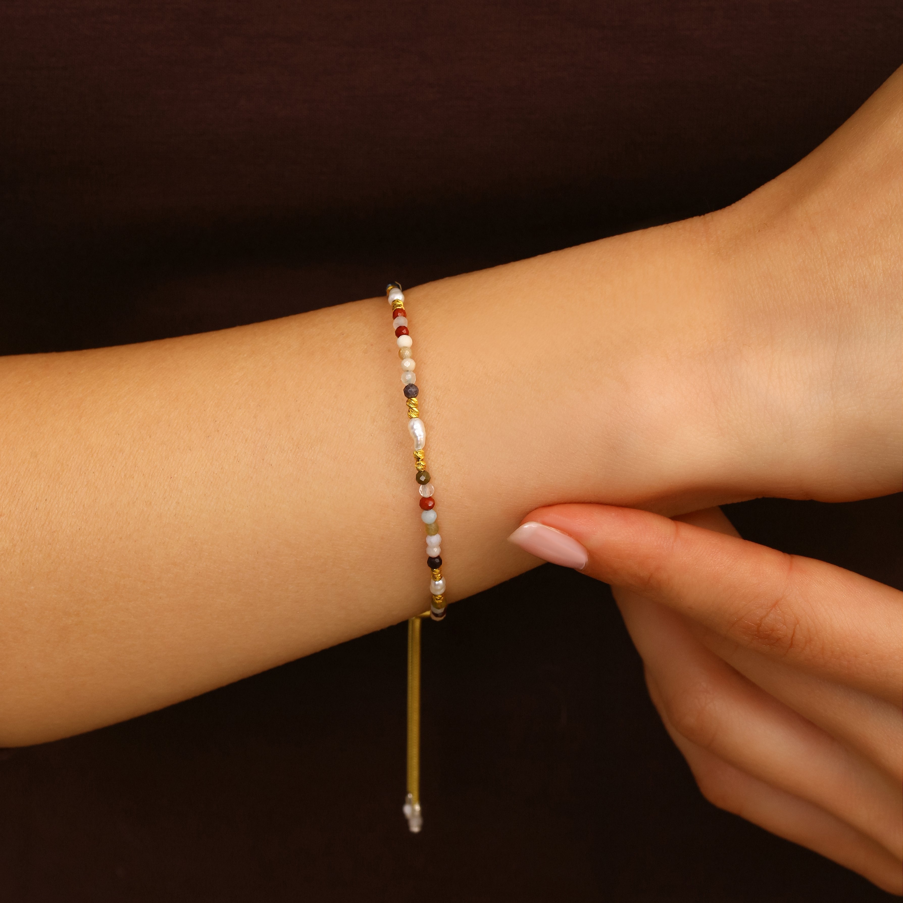 18K Gold Vermeil Doğal Taşlı İnci Bileklik - 925 Ayar Gümüş El İşçiliği