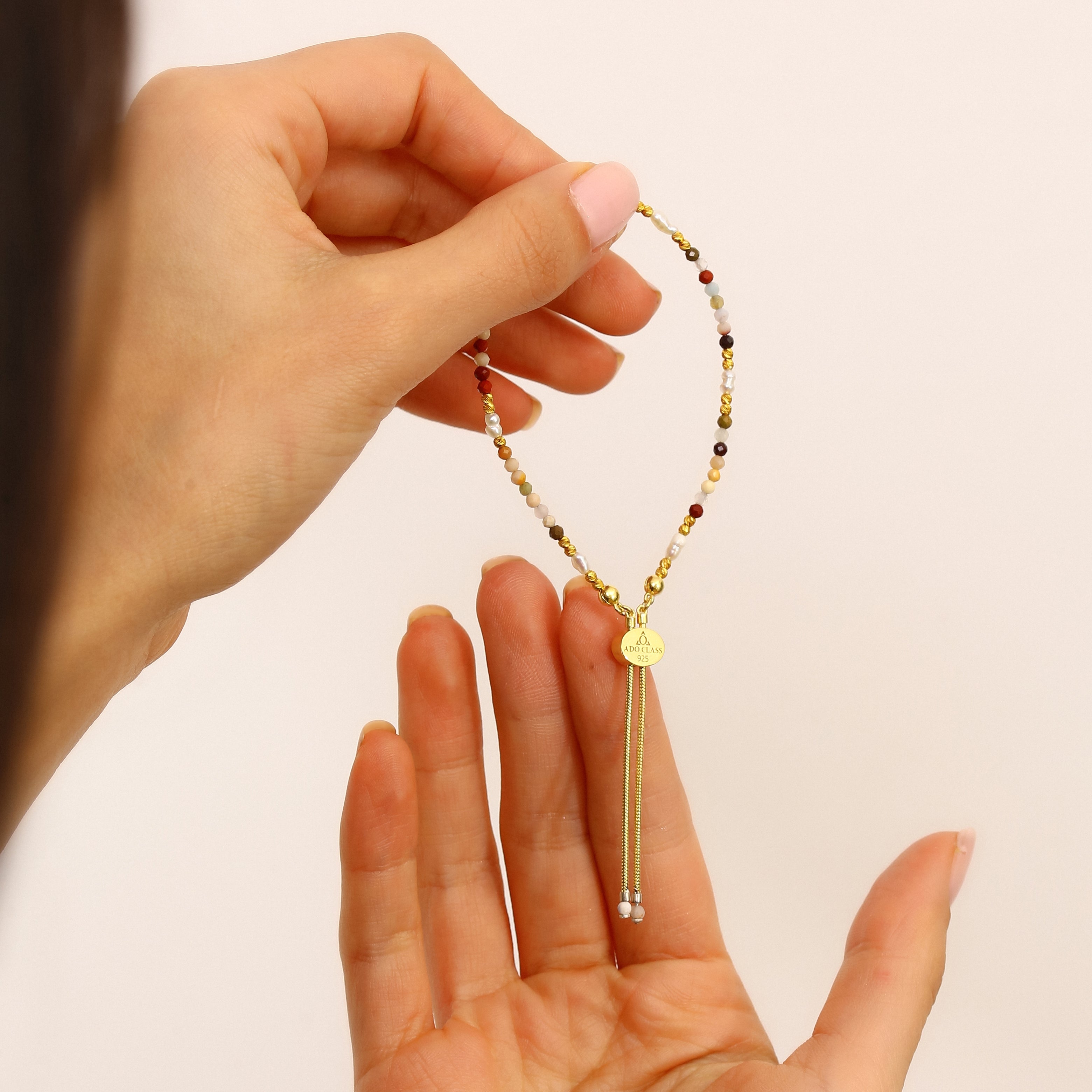 18K Gold Vermeil Doğal Taşlı İnci Bileklik - 925 Ayar Gümüş El İşçiliği