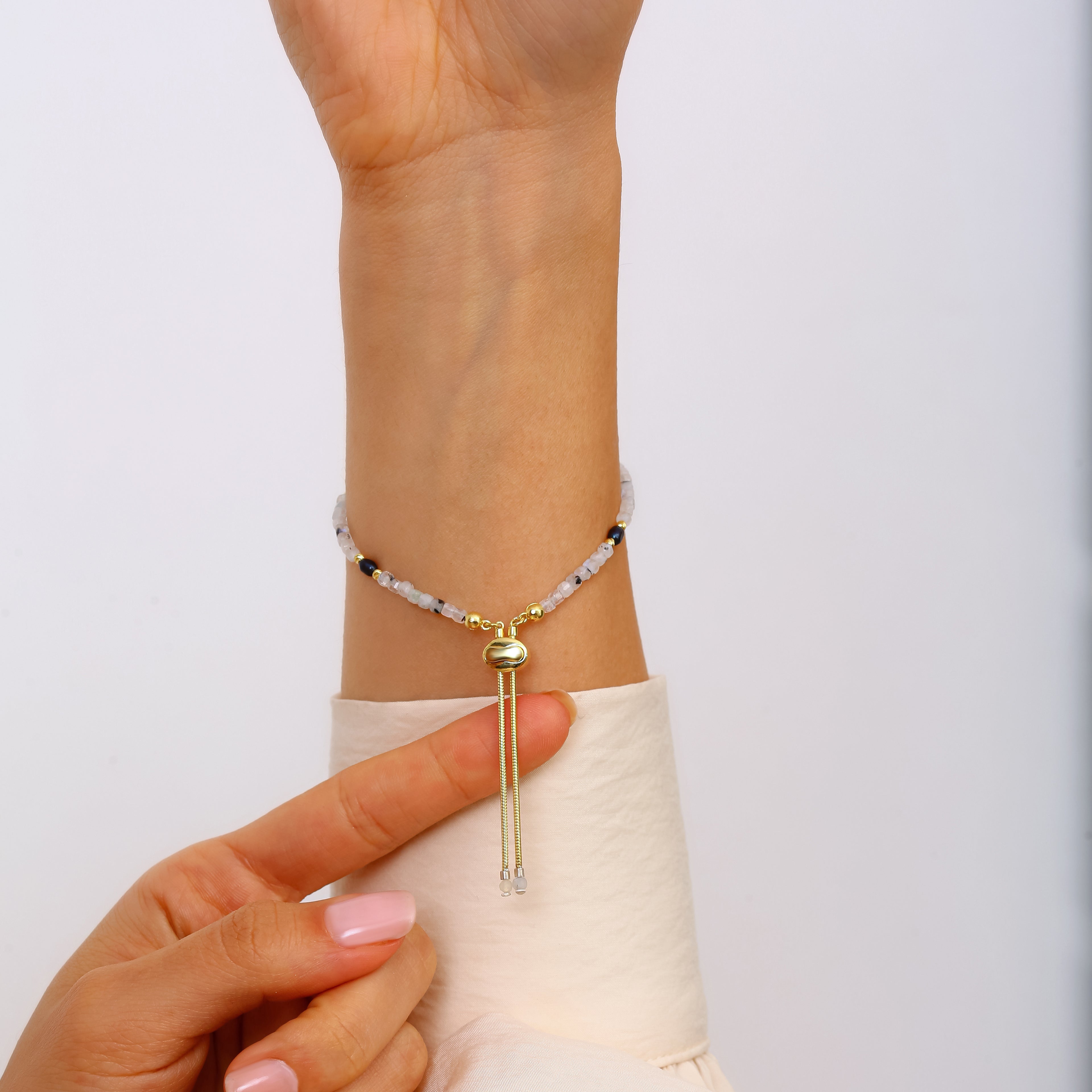 925 Ayar Gümüş 18 Ayar Altın Kaplama Turmalinli Kuvars ve İnci Bileklik