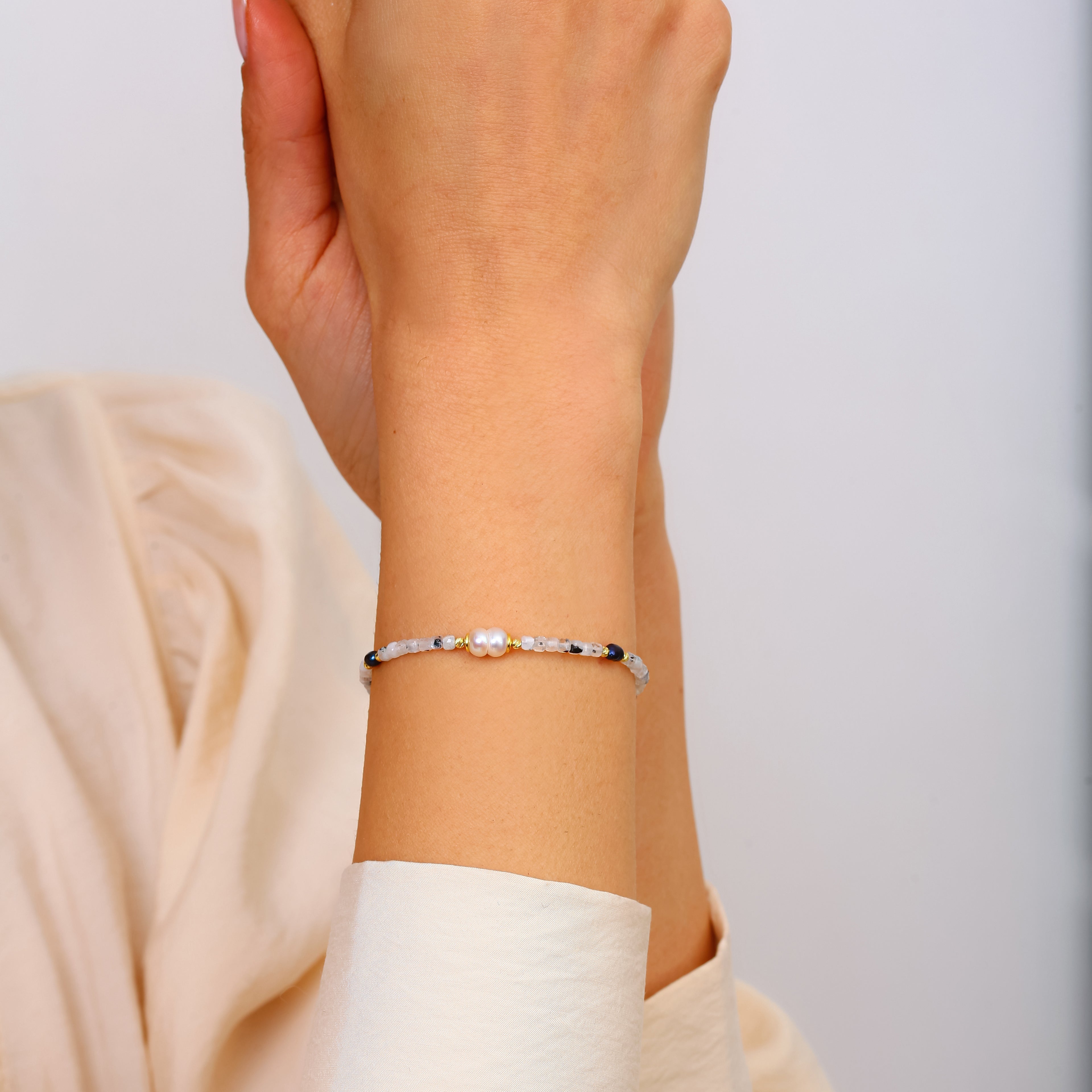 925 Ayar Gümüş 18 Ayar Altın Kaplama Turmalinli Kuvars ve İnci Bileklik