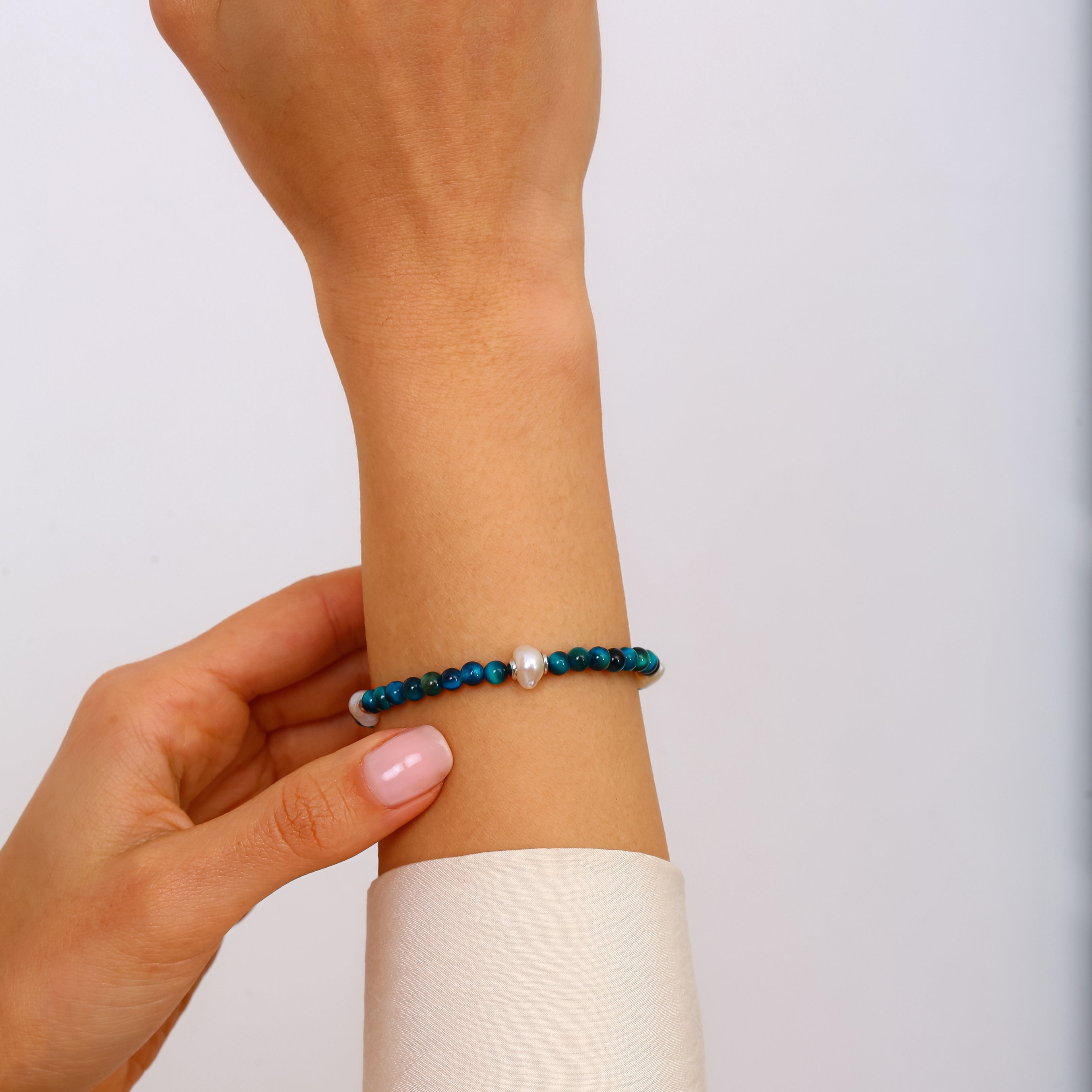 925 Ayar Gümüş Mavi Kaplan Gözü ve Barok İnci Bileklik - Ayarlanabilir Unisex Tasarım