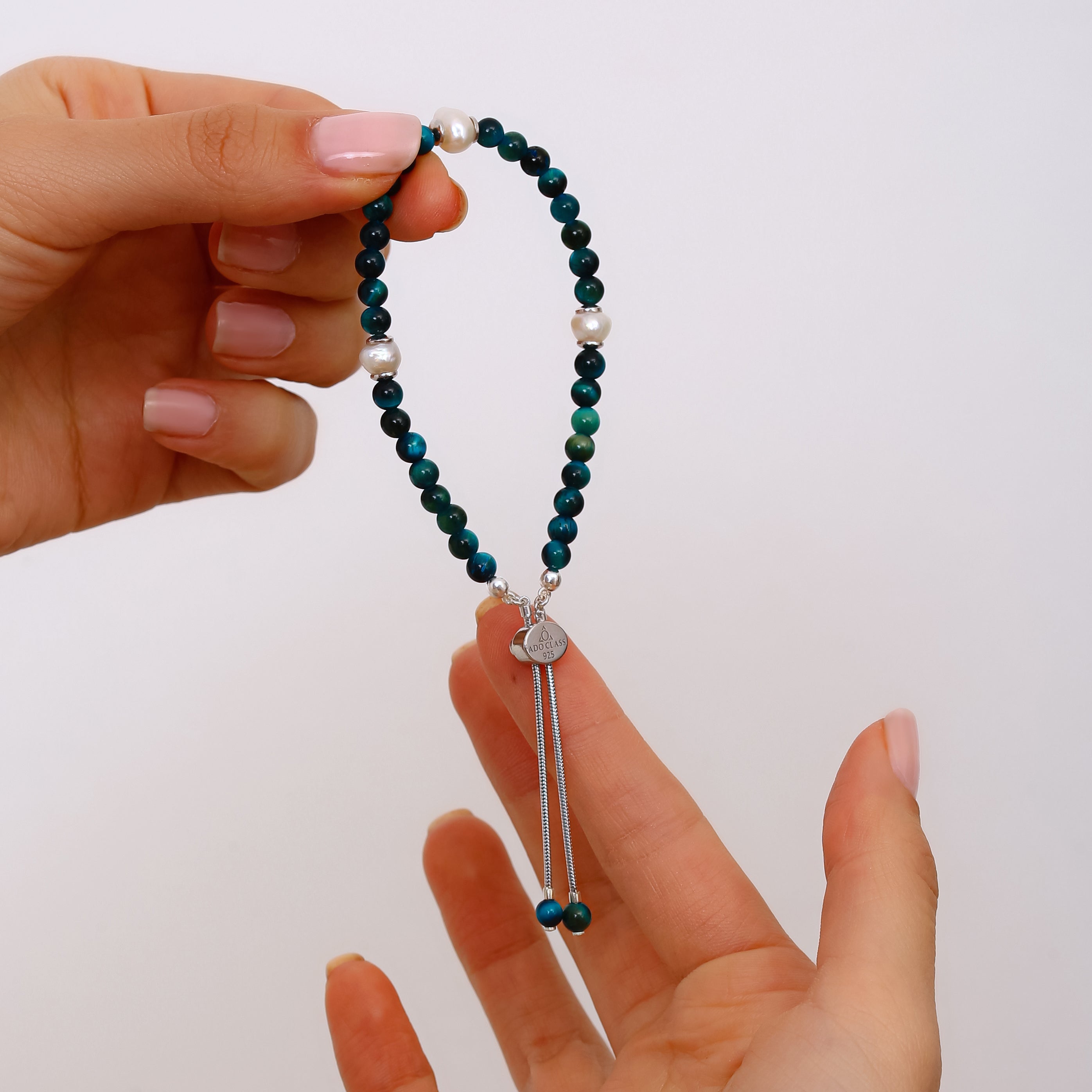 925 Ayar Gümüş Mavi Kaplan Gözü ve Barok İnci Bileklik - Ayarlanabilir Unisex Tasarım