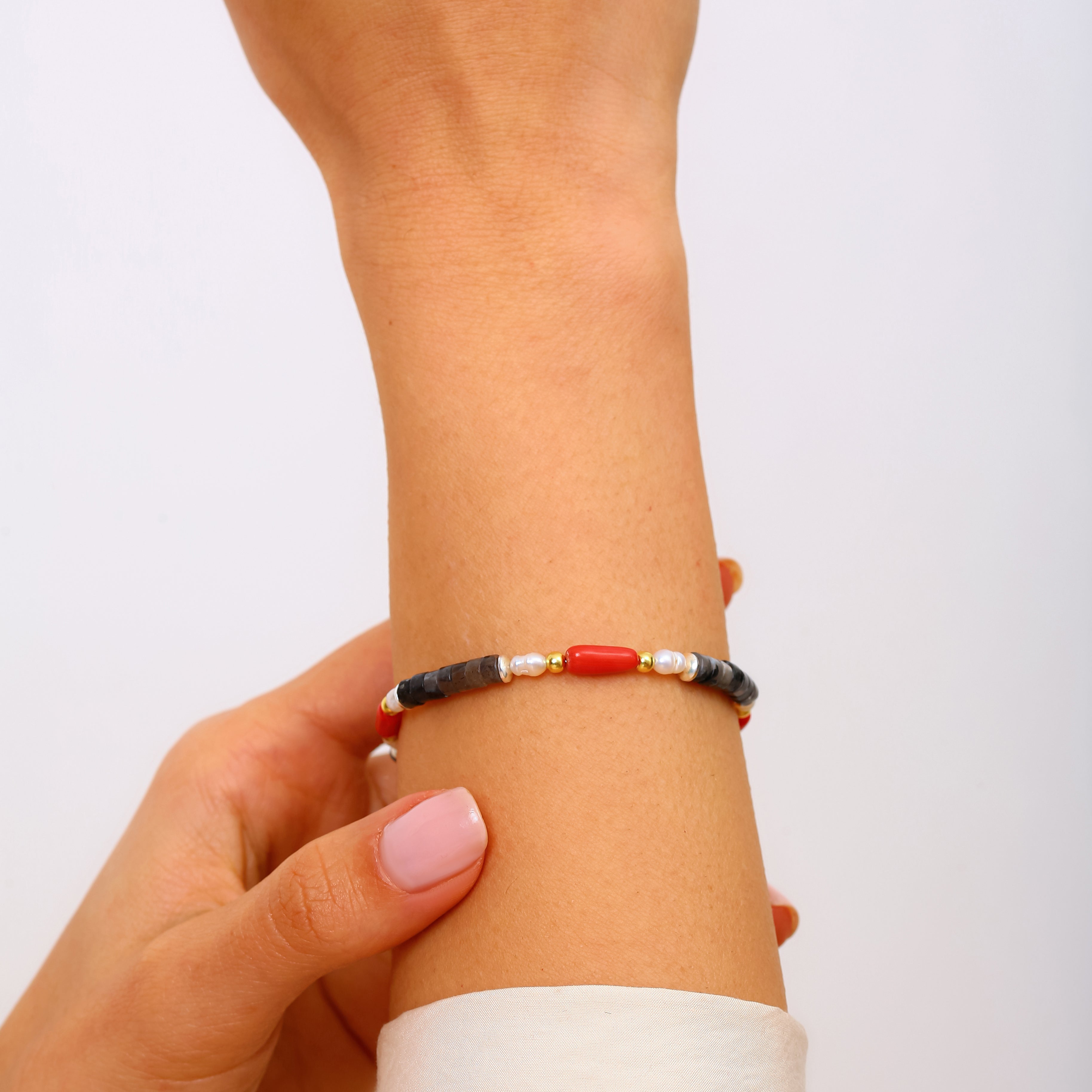 925 Ayar Gümüş Picasso Jasper, Mercan ve İnci Bileklik - Ayarlanabilir