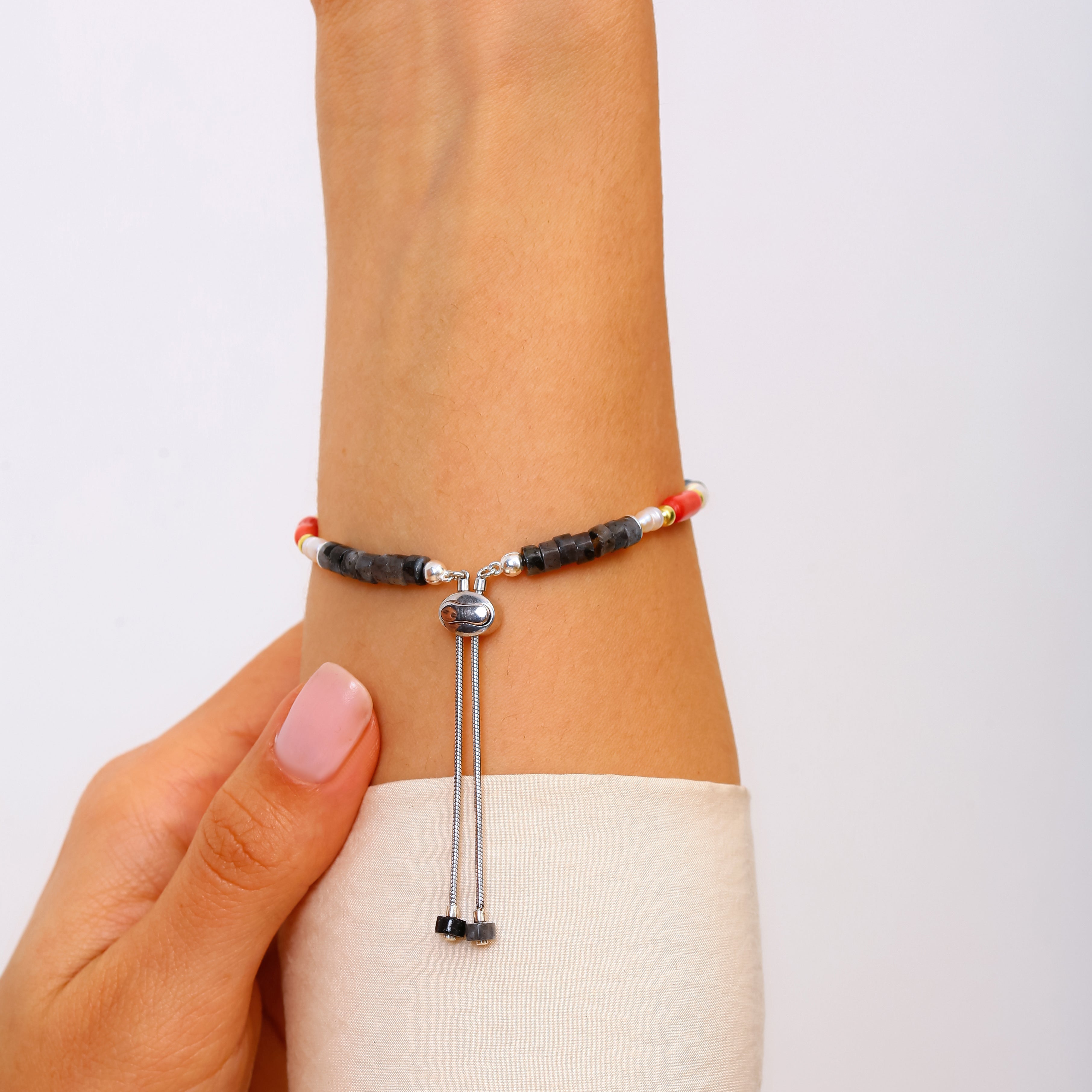 925 Ayar Gümüş Picasso Jasper, Mercan ve İnci Bileklik - Ayarlanabilir