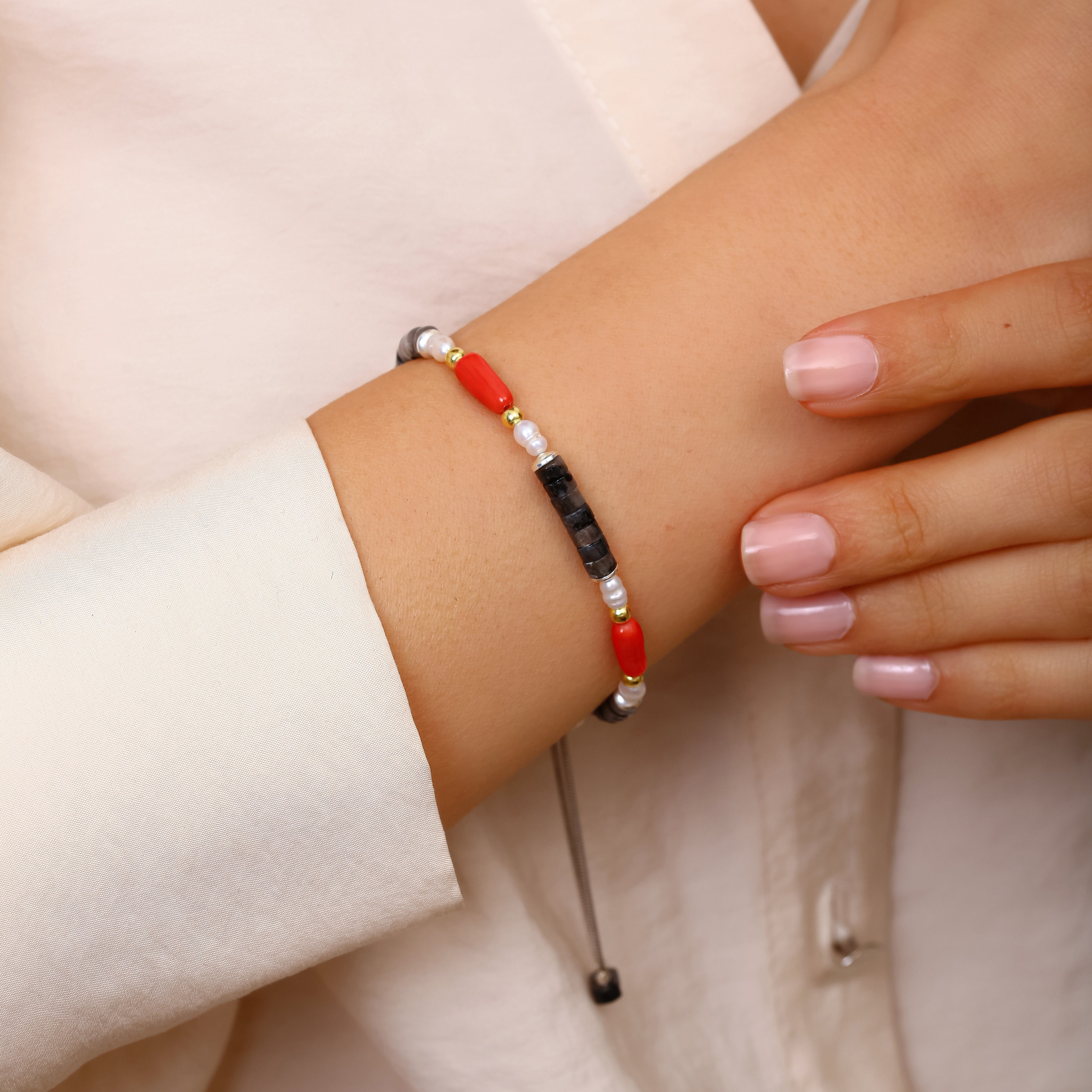 925 Ayar Gümüş Picasso Jasper, Mercan ve İnci Bileklik - Ayarlanabilir