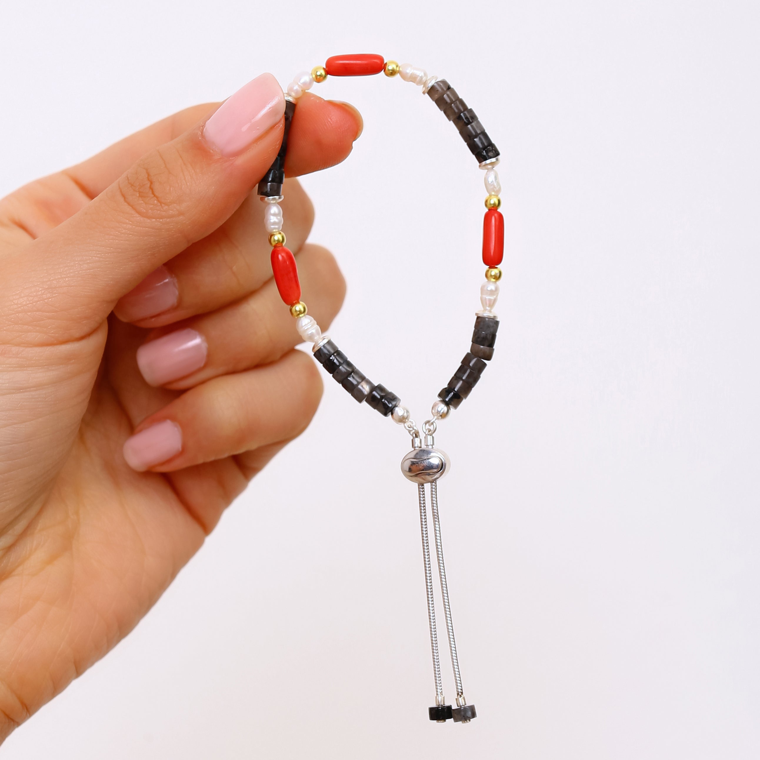 925 Ayar Gümüş Picasso Jasper, Mercan ve İnci Bileklik - Ayarlanabilir