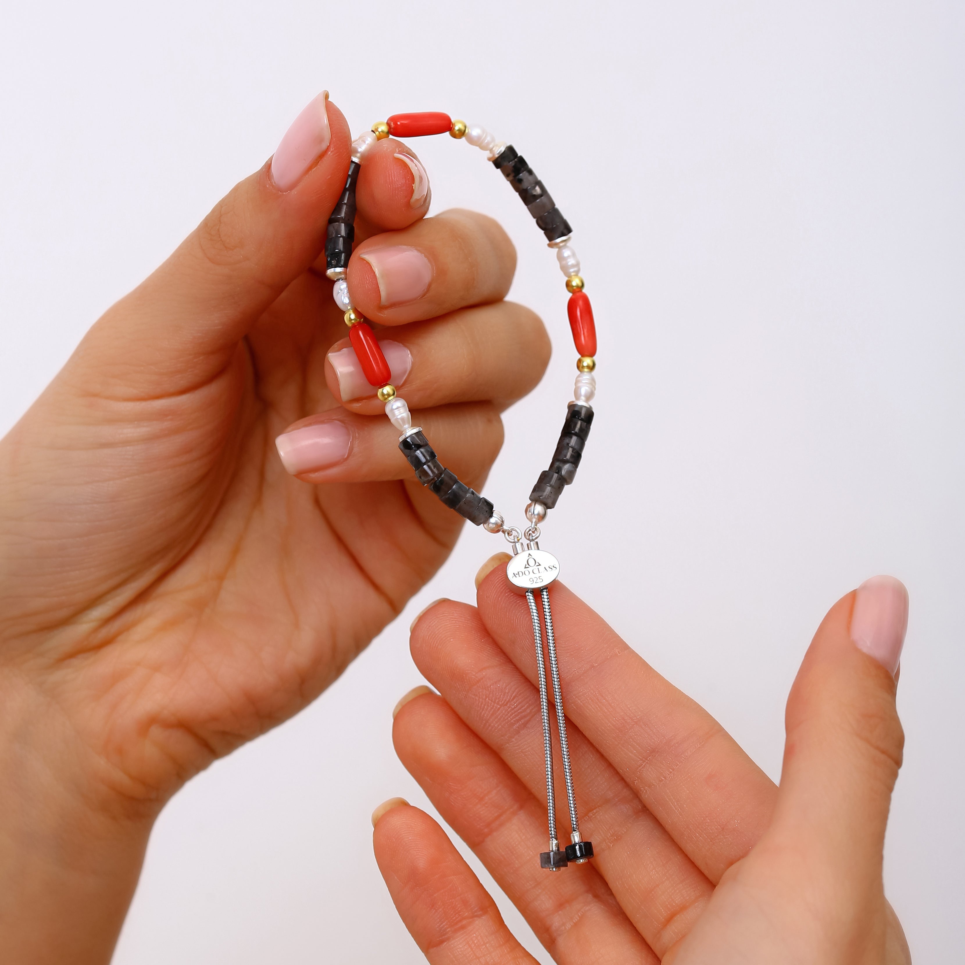 925 Ayar Gümüş Picasso Jasper, Mercan ve İnci Bileklik - Ayarlanabilir