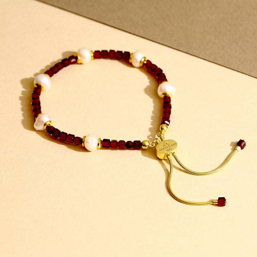 18K Gold Vermeil Garnet & İnci Bileklik - 925 Ayar Gümüş El İşçiliği