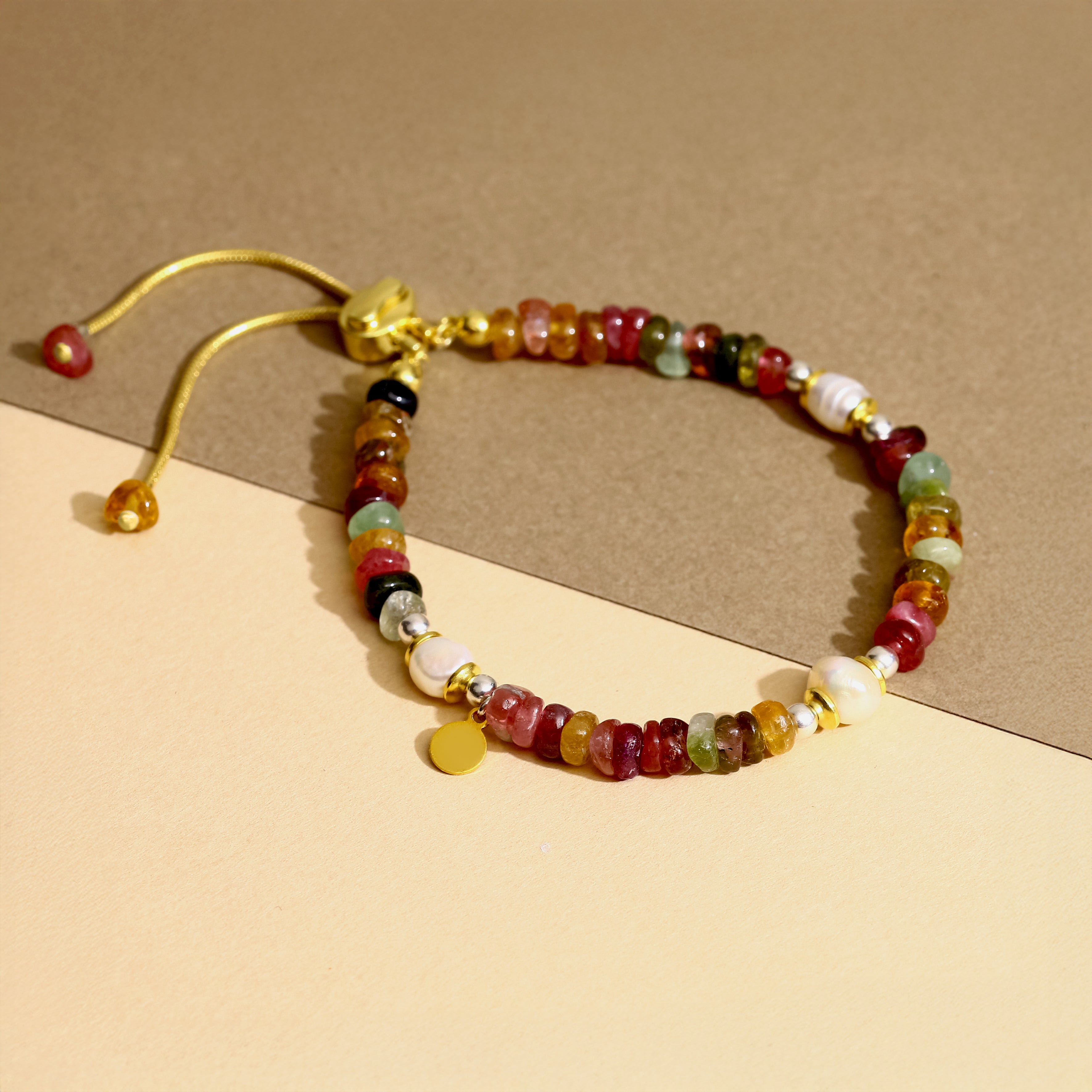 Ayarlanabilir Turmalin Taşı Bileklik - 18 Ayar Altın Kaplama 925 Ayar Gümüş