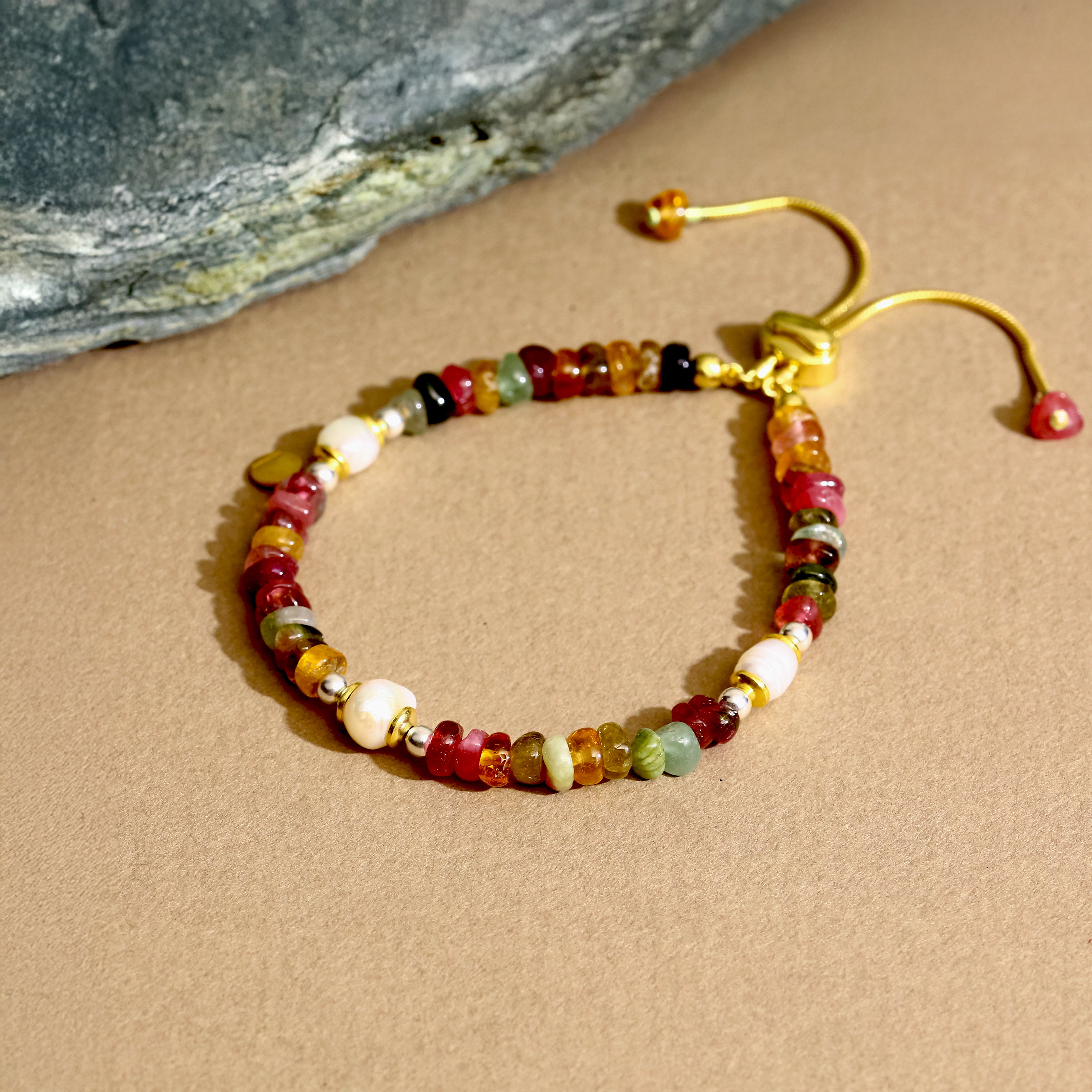 Ayarlanabilir Turmalin Taşı Bileklik - 18 Ayar Altın Kaplama 925 Ayar Gümüş