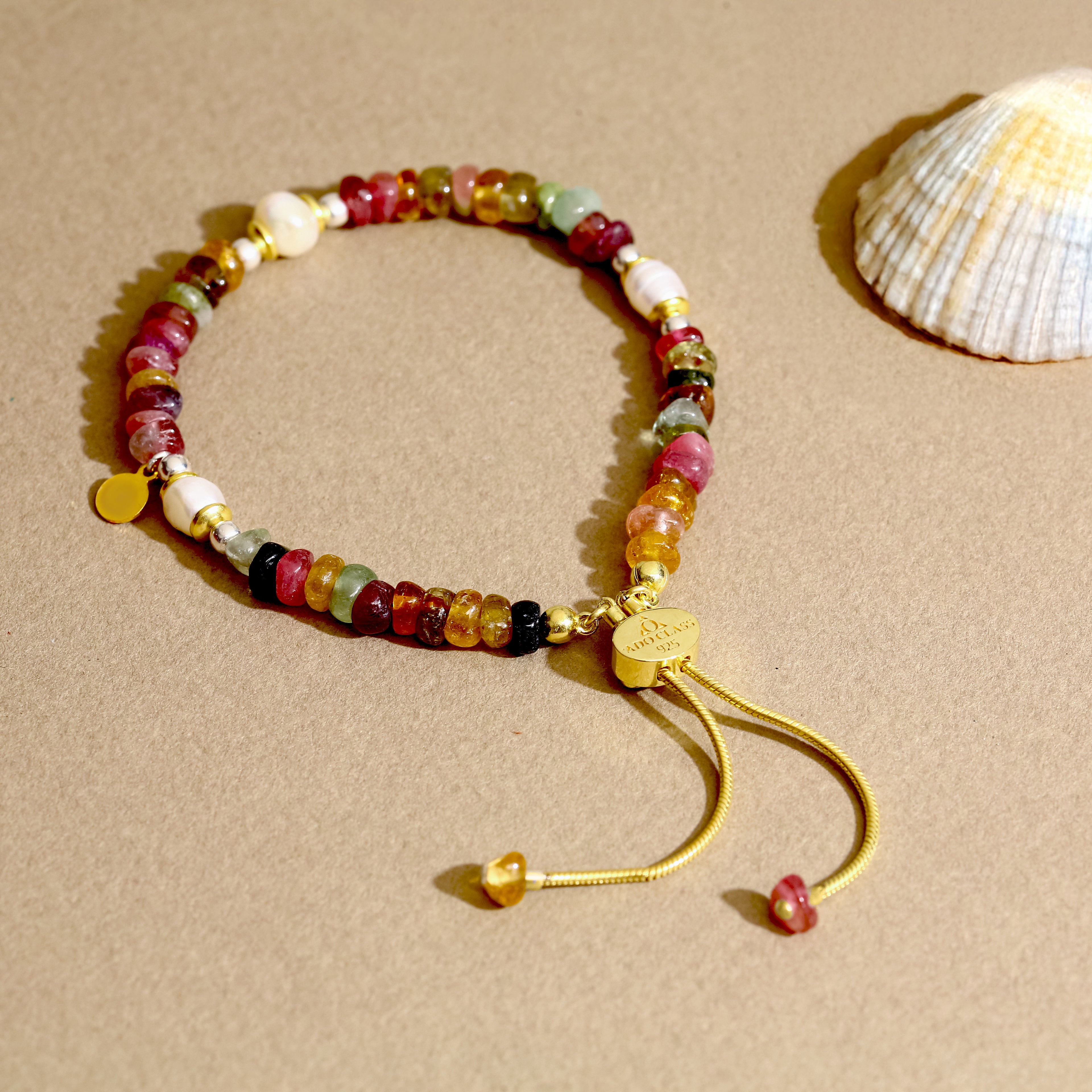 Ayarlanabilir Turmalin Taşı Bileklik - 18 Ayar Altın Kaplama 925 Ayar Gümüş