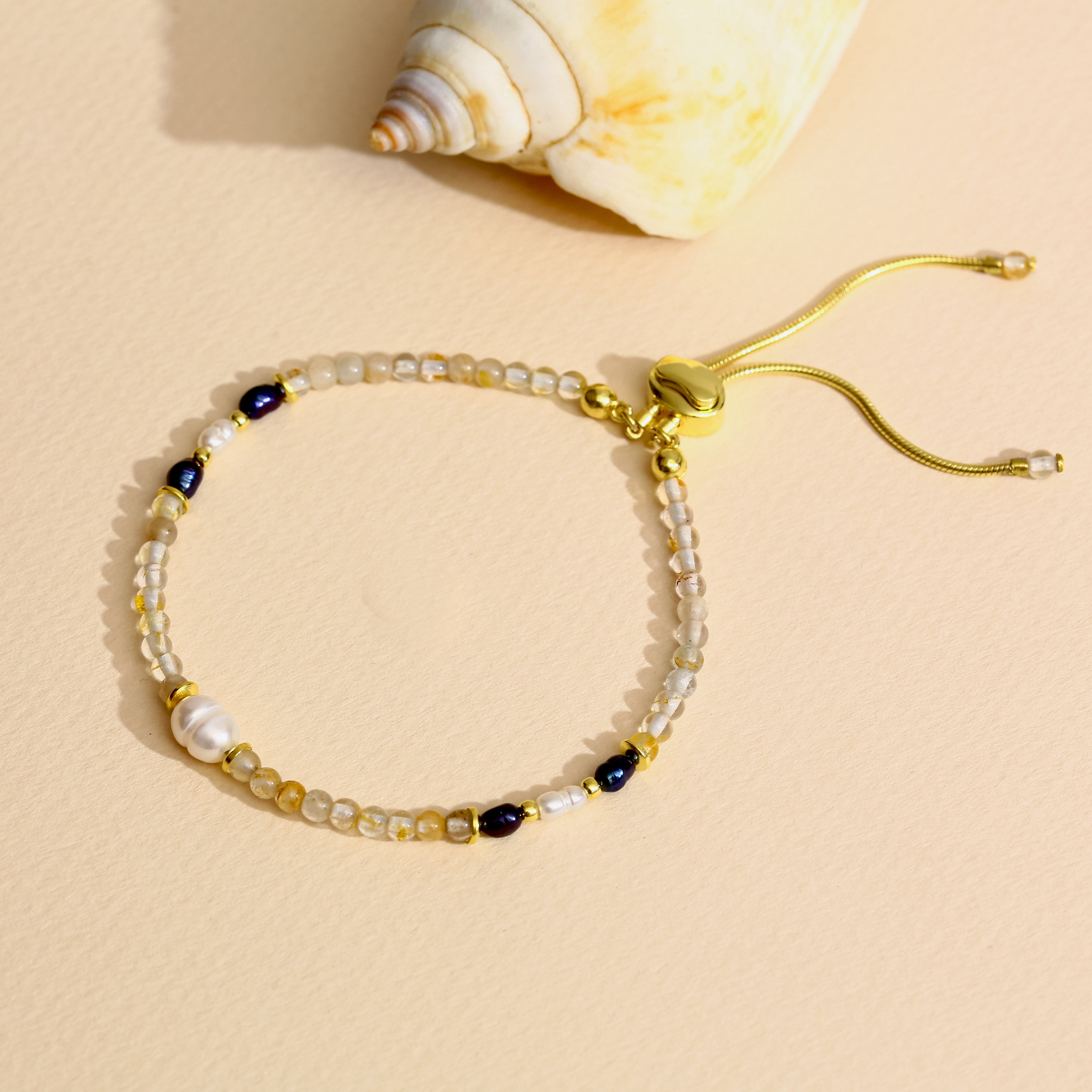 El Yapımı Ay Taşı, Sitrin ve İnci Bileklik - 18 Ayar Altın Kaplama 925 Ayar Gümüş