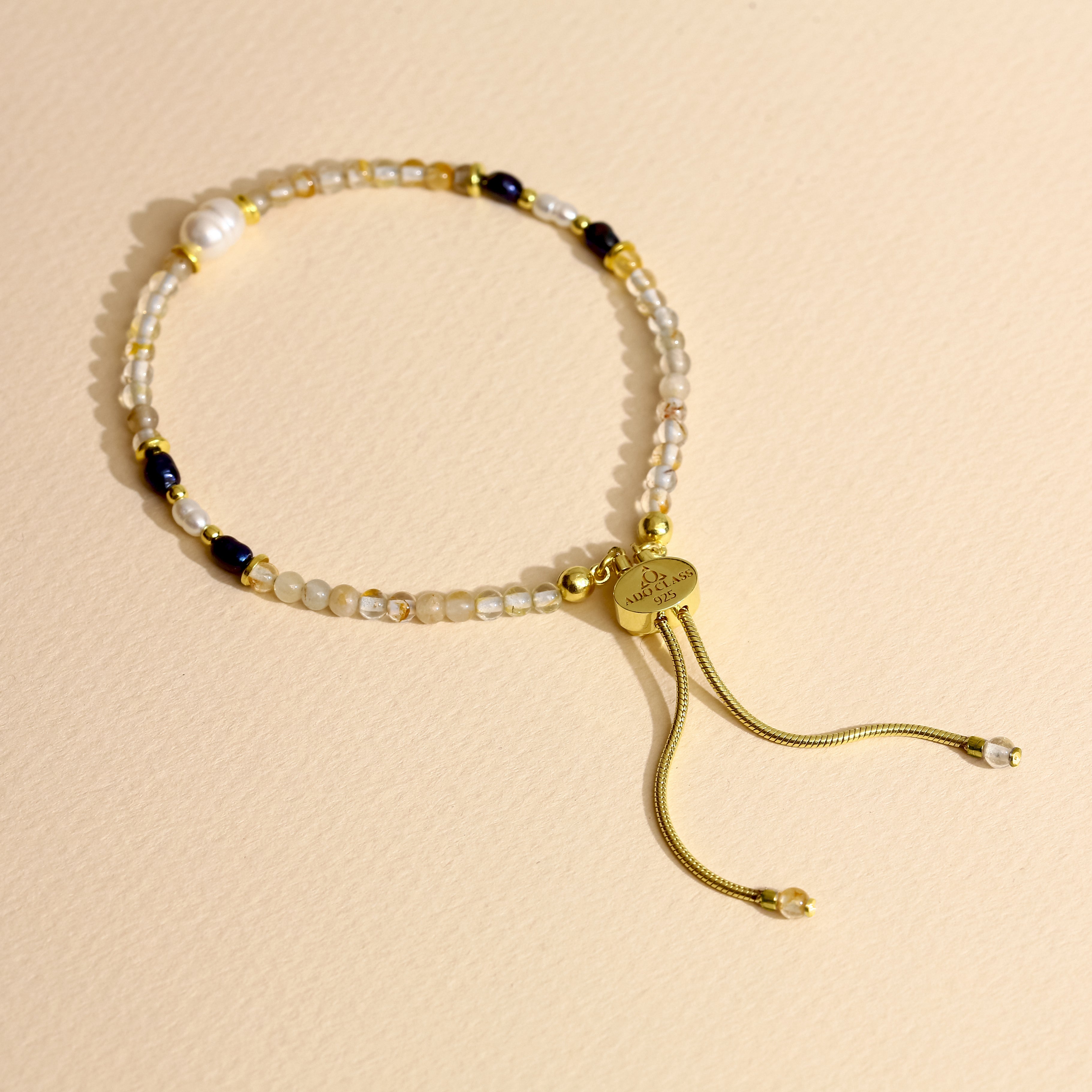 El Yapımı Ay Taşı, Sitrin ve İnci Bileklik - 18 Ayar Altın Kaplama 925 Ayar Gümüş