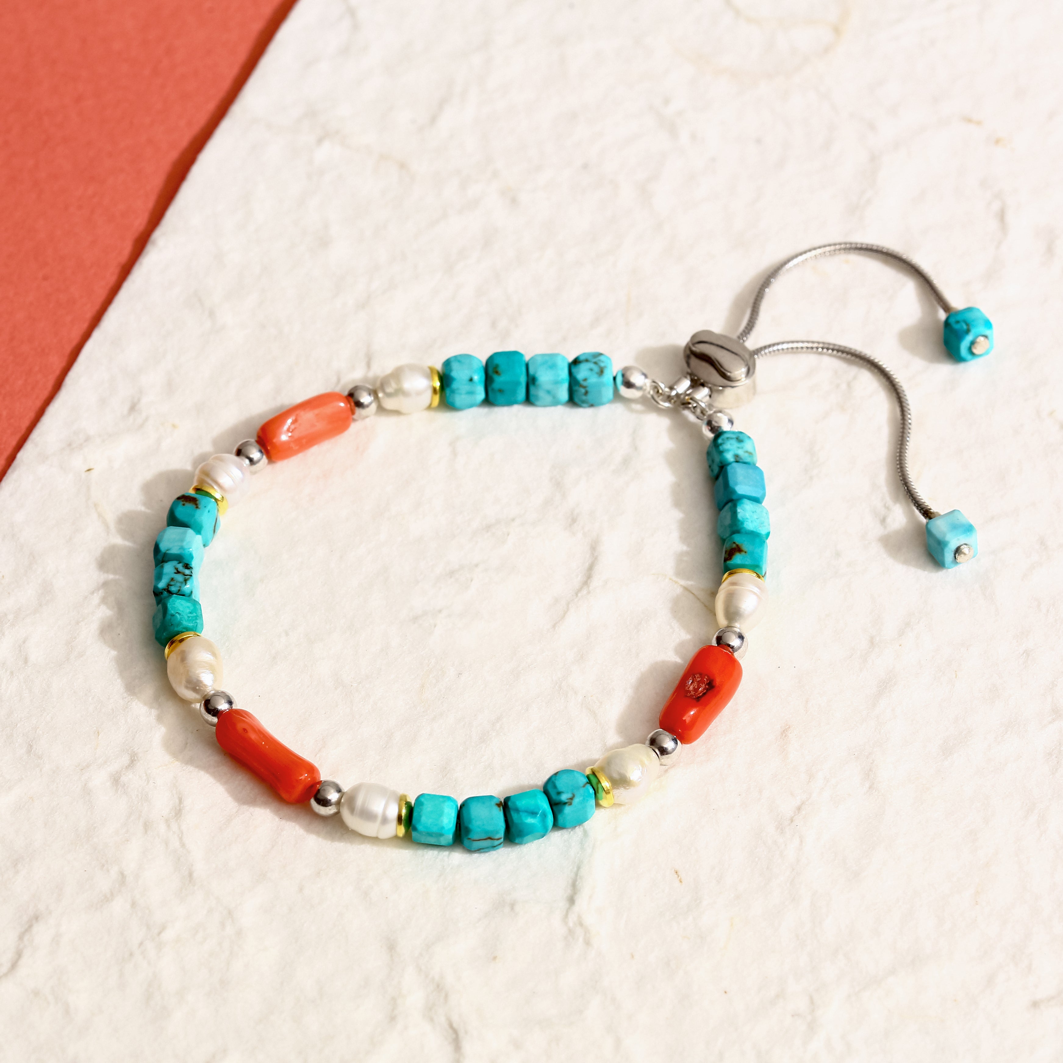 925 Ayar Gümüş Turkuaz, Mercan ve İnci Bileklik - Rodyum Kaplama, Ayarlanabilir