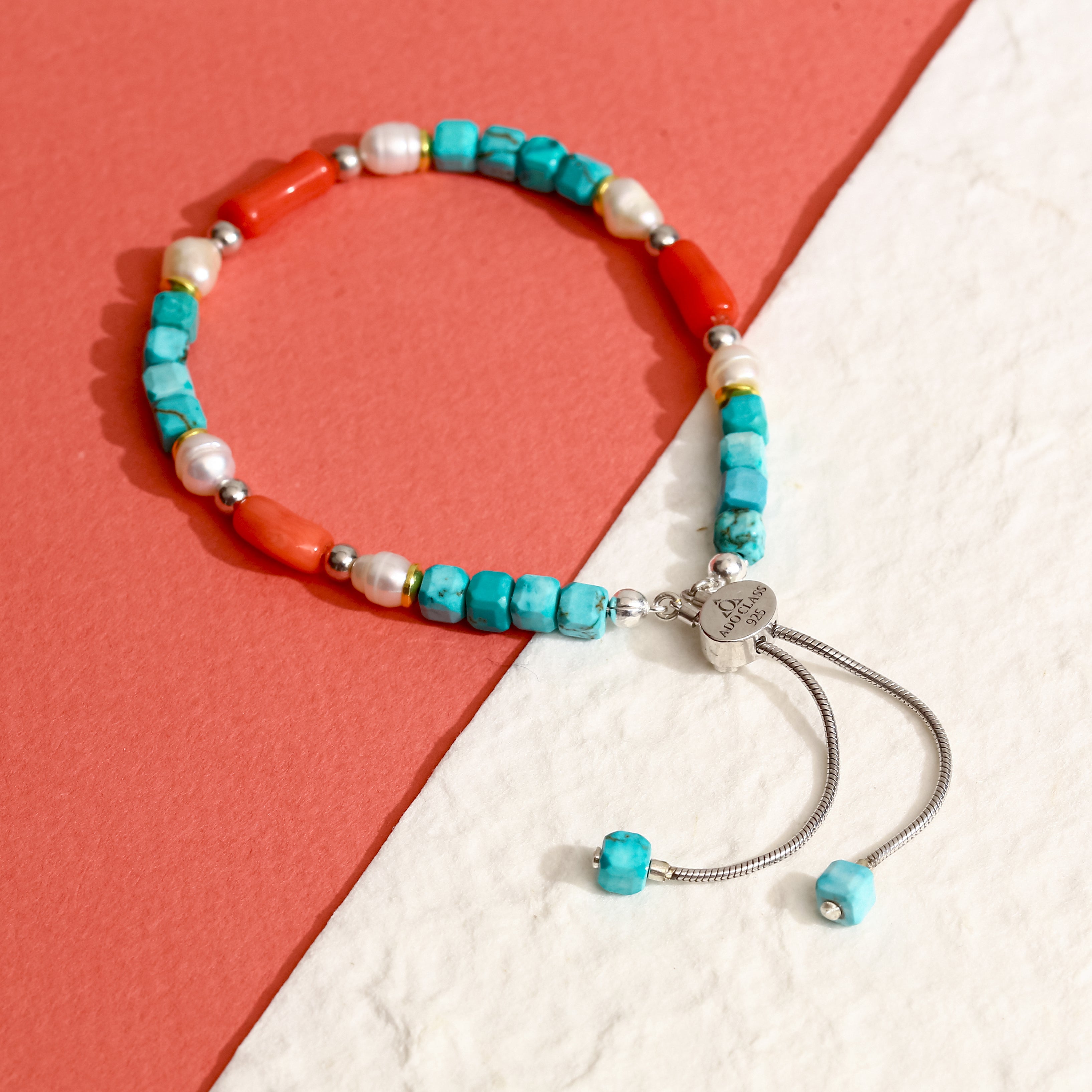 925 Ayar Gümüş Turkuaz, Mercan ve İnci Bileklik - Rodyum Kaplama, Ayarlanabilir