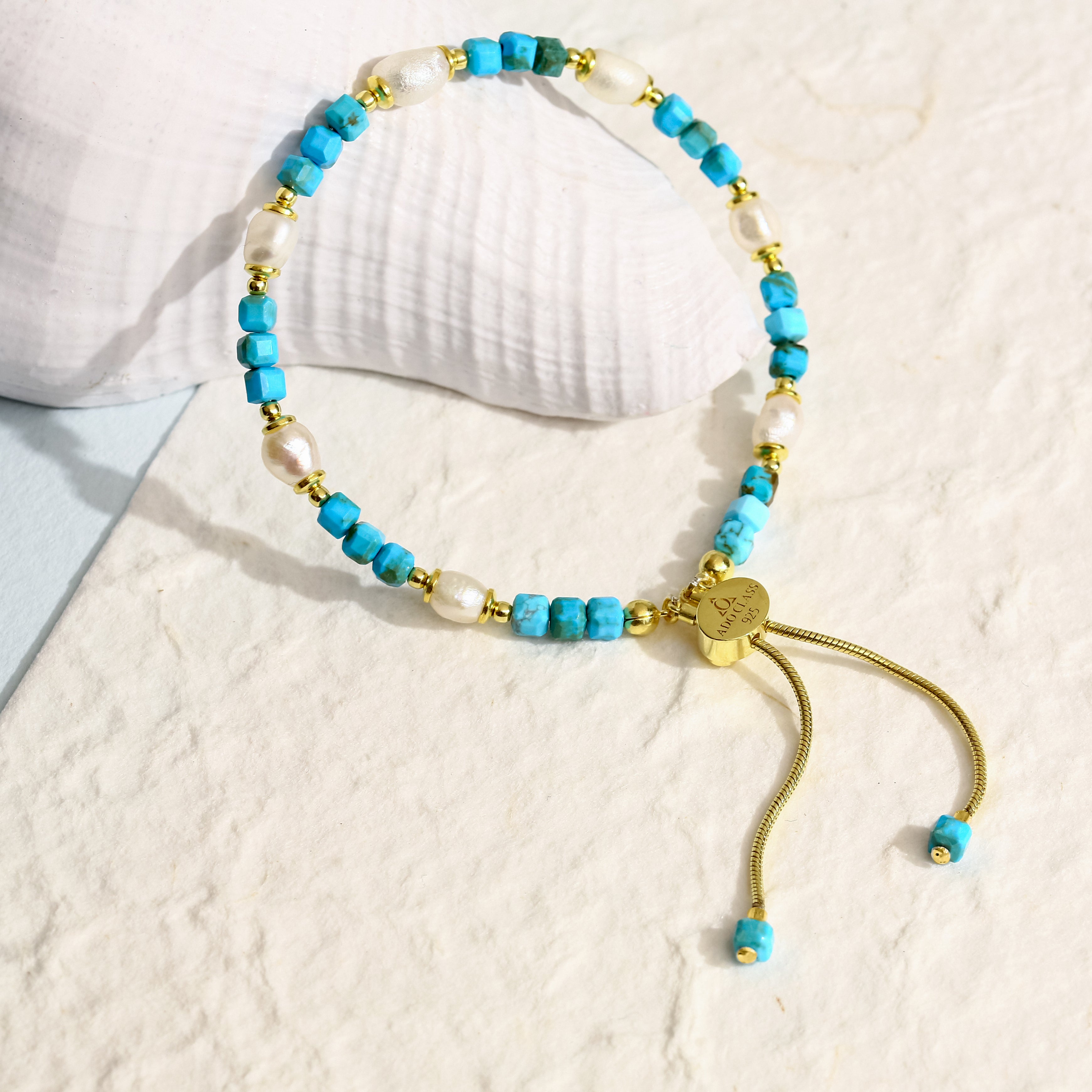 El Yapımı Turkuaz ve İnci Bileklik - 18 Ayar Altın Kaplama 925 Ayar Gümüş