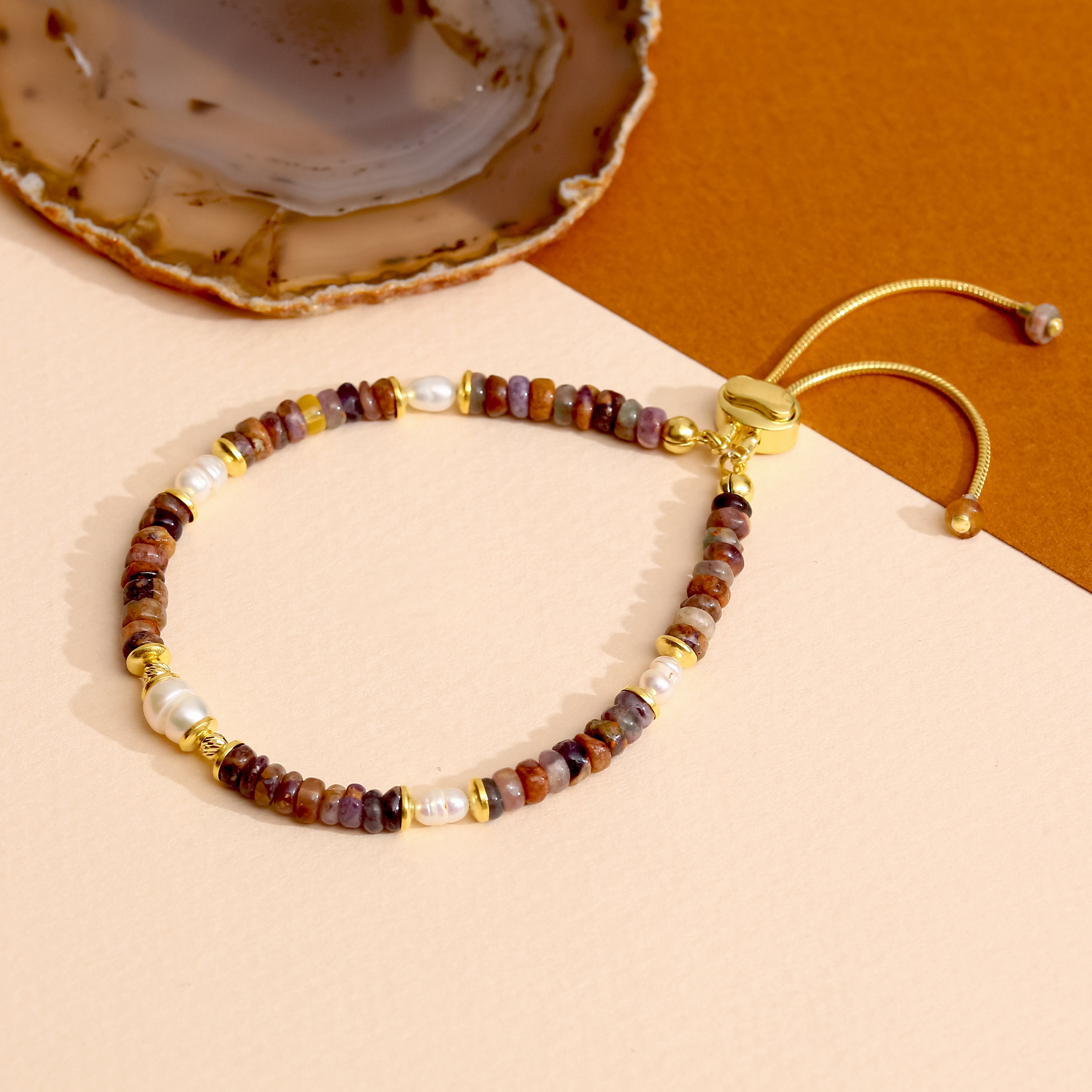 Akik ve Jasper Detaylı Ayarlanabilir Gümüş Bileklik - 18K Gold Vermeil Sürgülü Tasarım