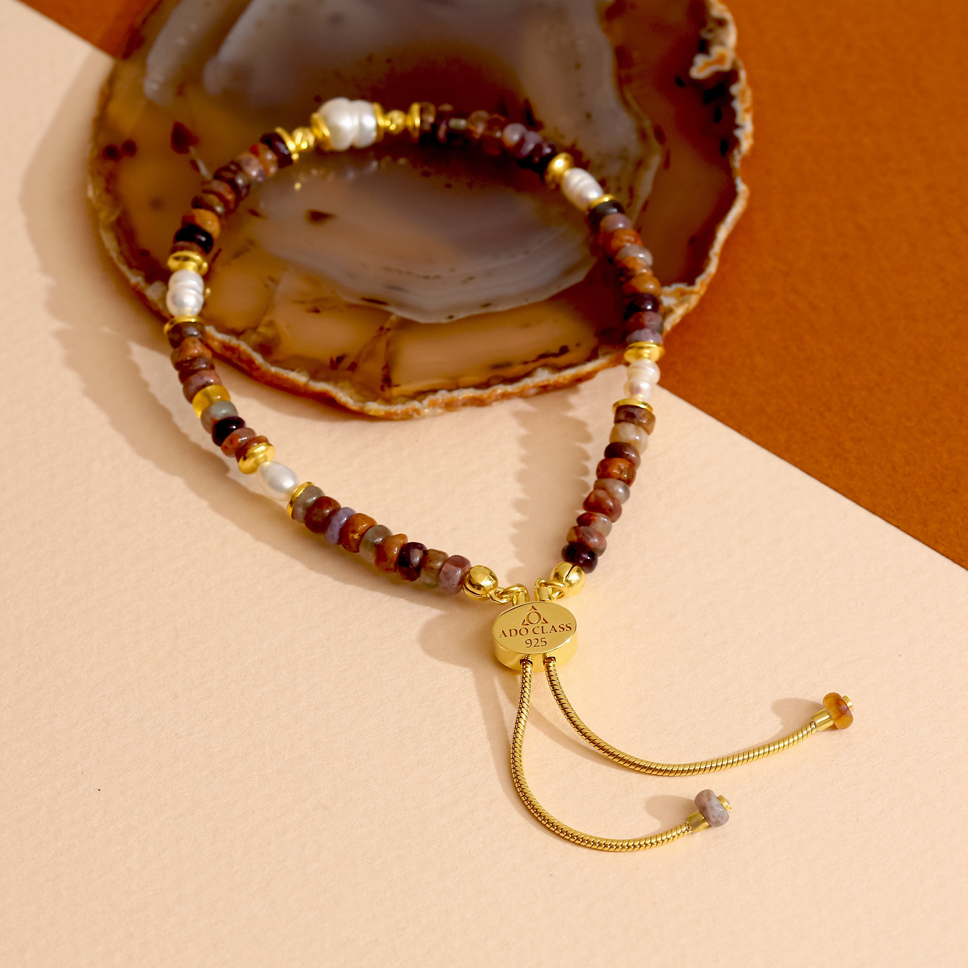 Akik ve Jasper Detaylı Ayarlanabilir Gümüş Bileklik - 18K Gold Vermeil Sürgülü Tasarım