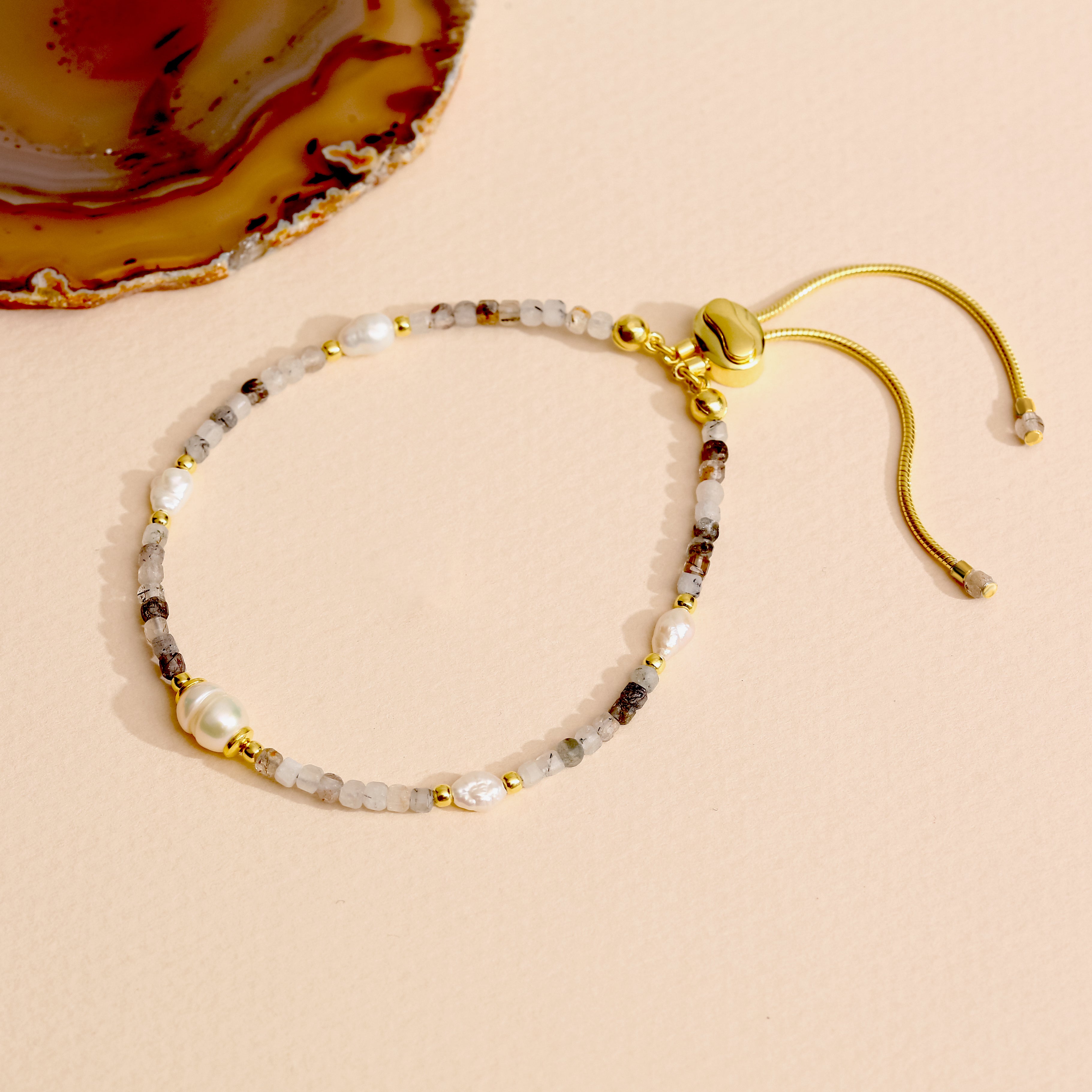 Dendritik Akik ve Barok İnci Bileklik - 18 Ayar Altın Kaplama 925 Ayar Gümüş, Ayarlanabilir