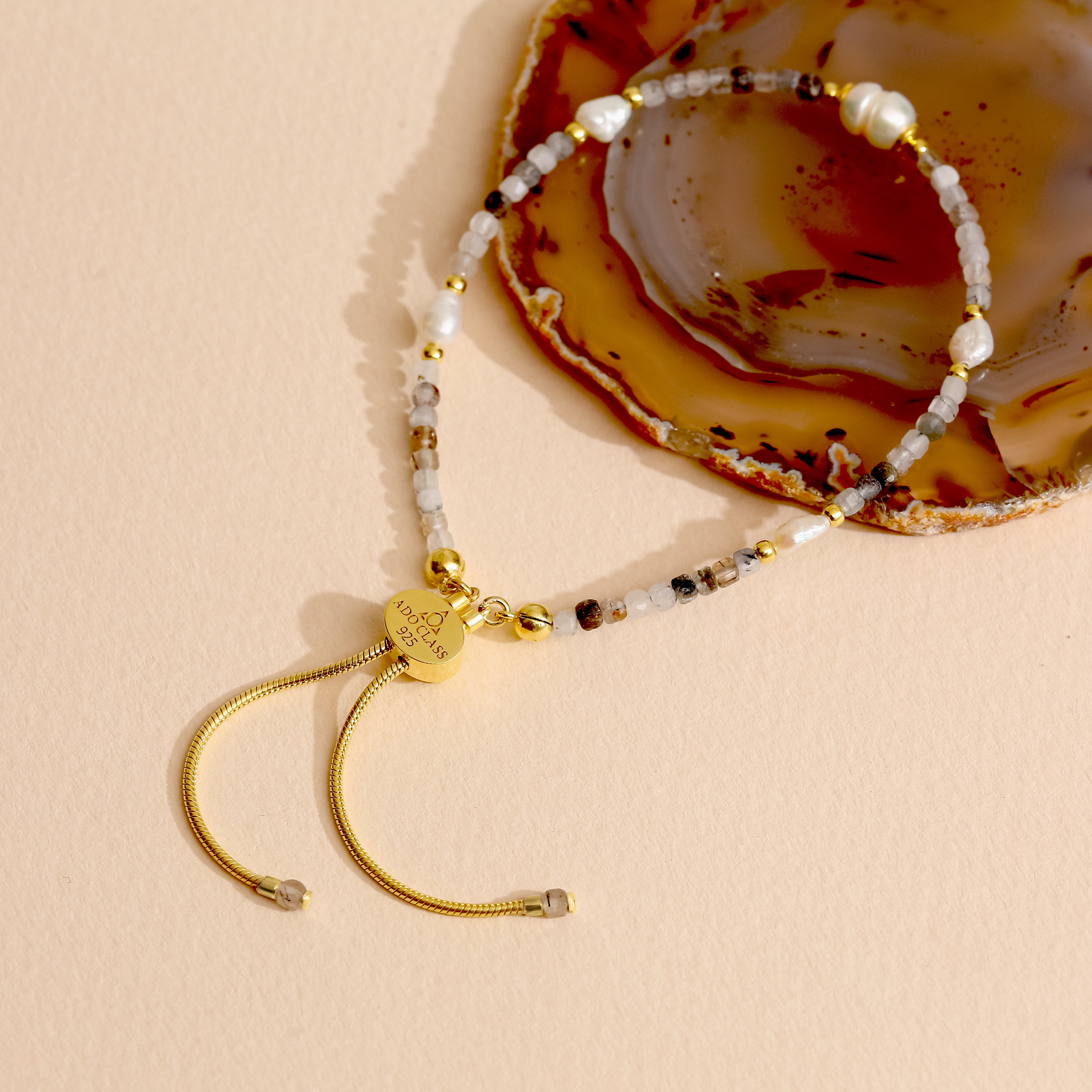 Dendritik Akik ve Barok İnci Bileklik - 18 Ayar Altın Kaplama 925 Ayar Gümüş, Ayarlanabilir