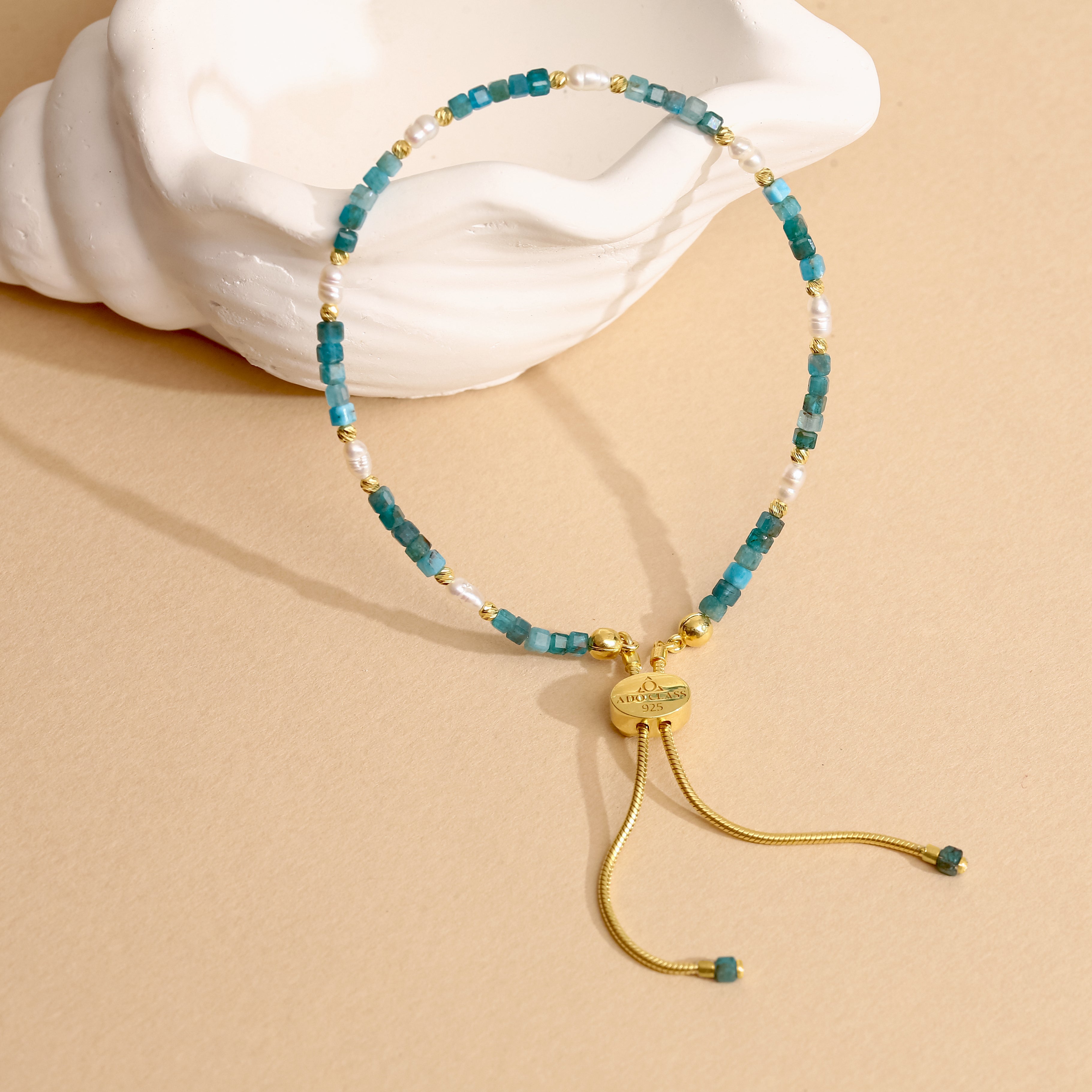 El Yapımı Apatit, Krizokol ve İnci Bileklik - 18 Ayar Altın Kaplama 925 Ayar Gümüş