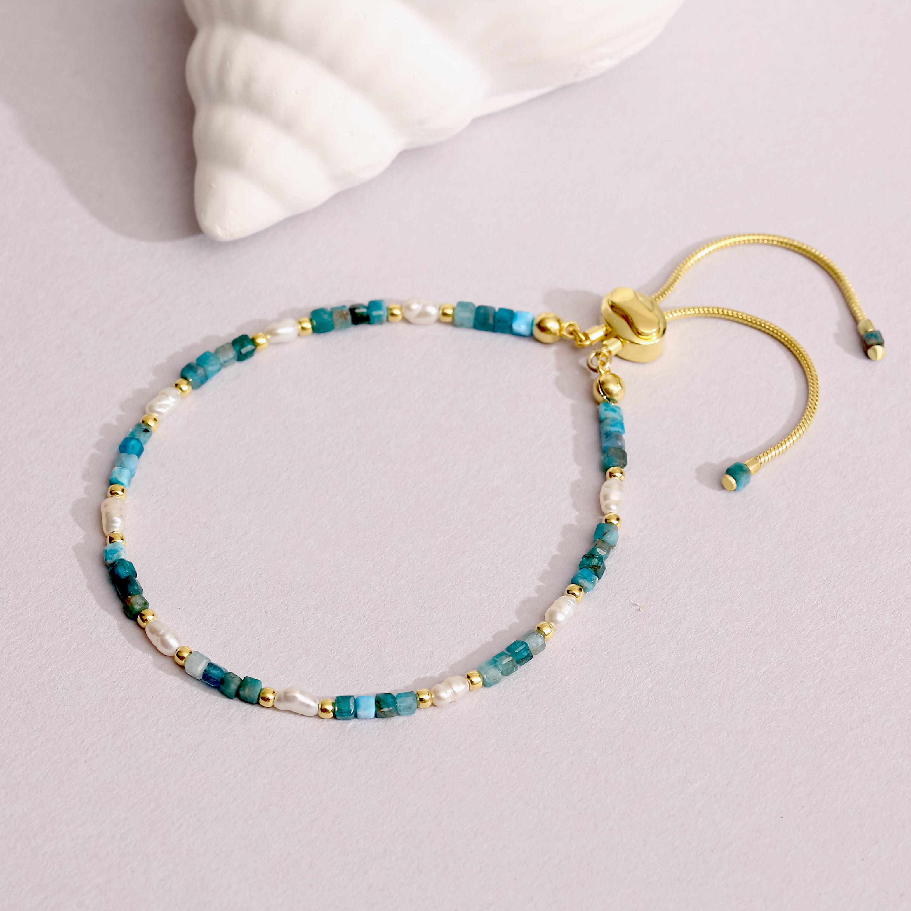 El Yapımı Apatit, Krizokol ve İnci Bileklik - 18 Ayar Altın Kaplama 925 Ayar Gümüş