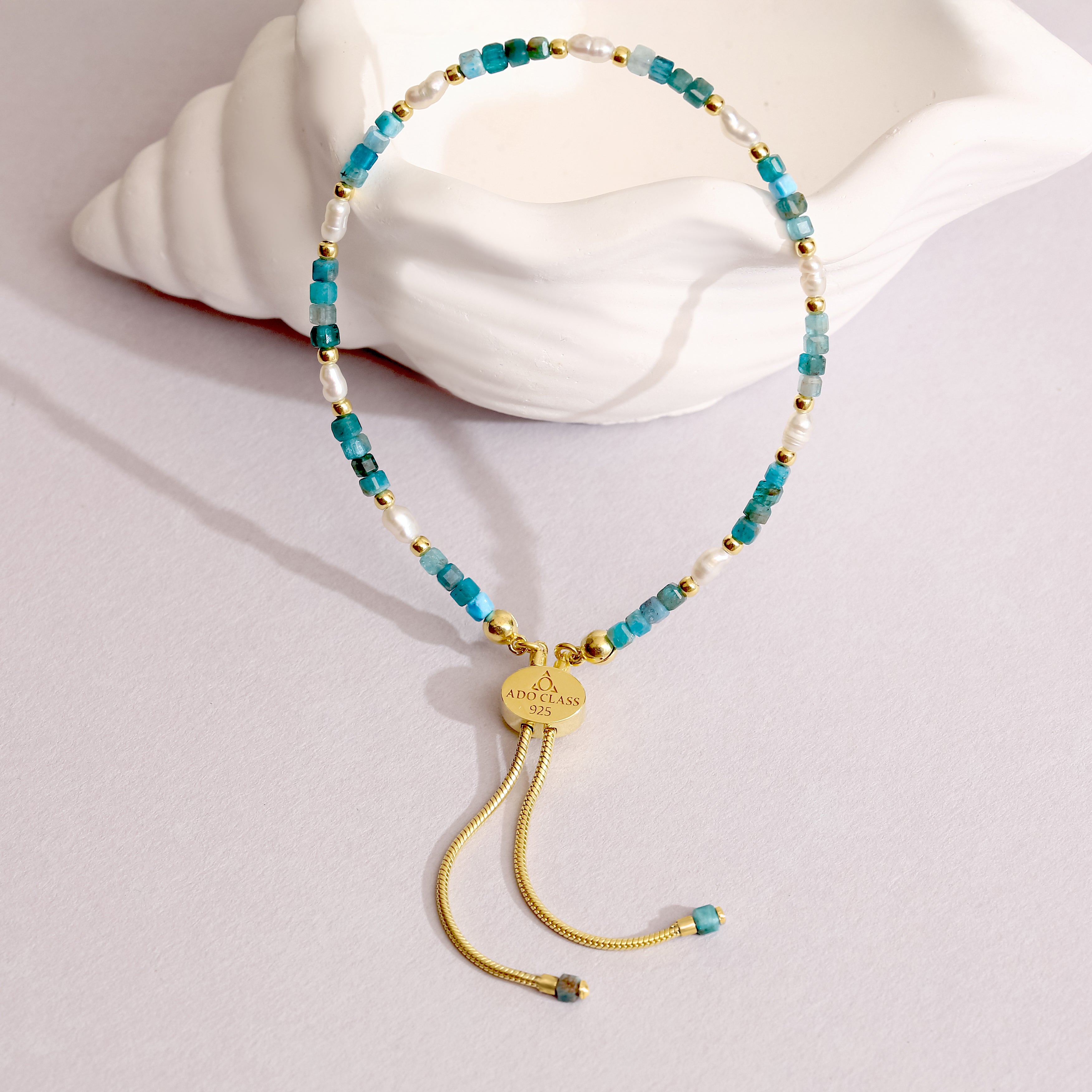 El Yapımı Apatit, Krizokol ve İnci Bileklik - 18 Ayar Altın Kaplama 925 Ayar Gümüş