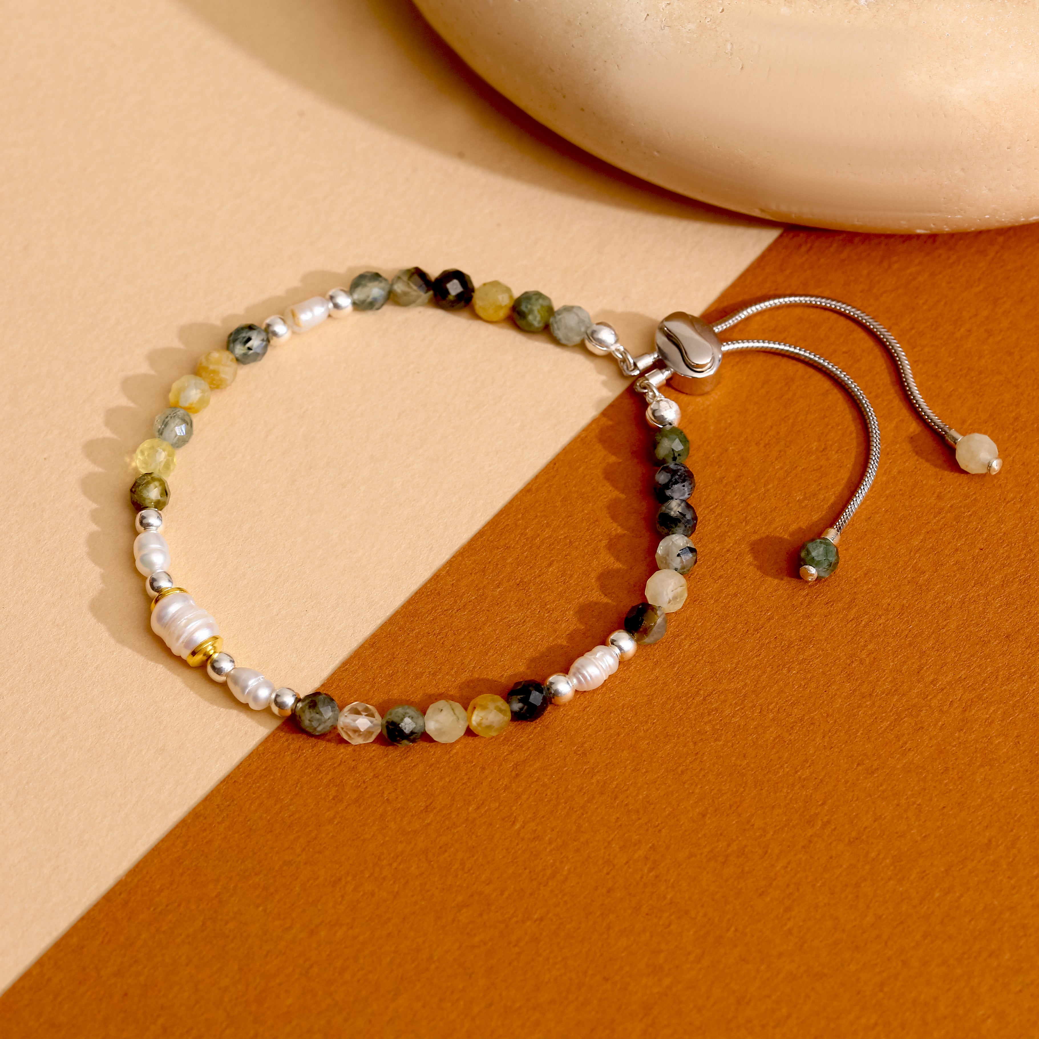 925 Ayar Gümüş Yosun Akik Bileklik - Rodyum Kaplama, Ayarlanabilir Sürgülü