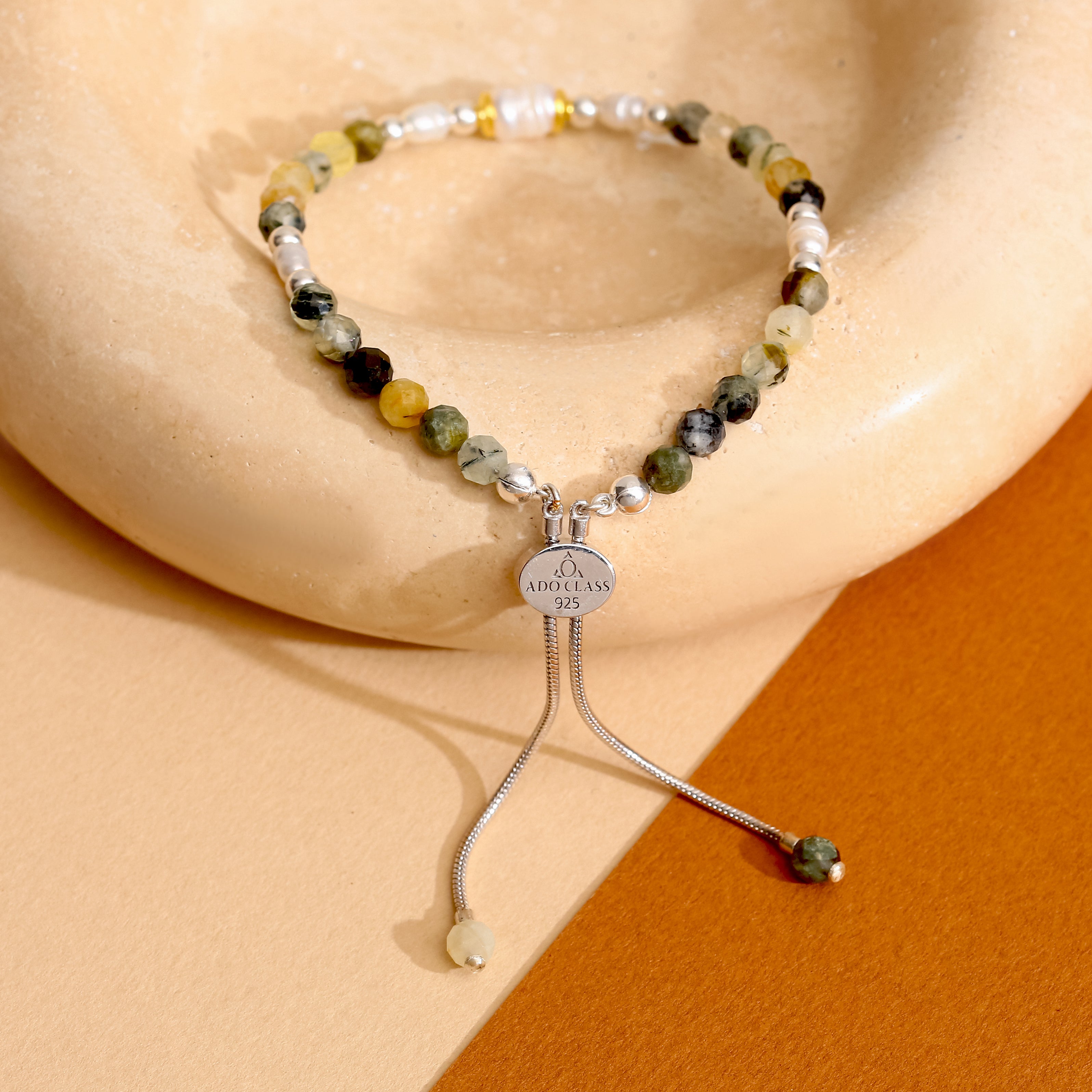 925 Ayar Gümüş Yosun Akik Bileklik - Rodyum Kaplama, Ayarlanabilir Sürgülü