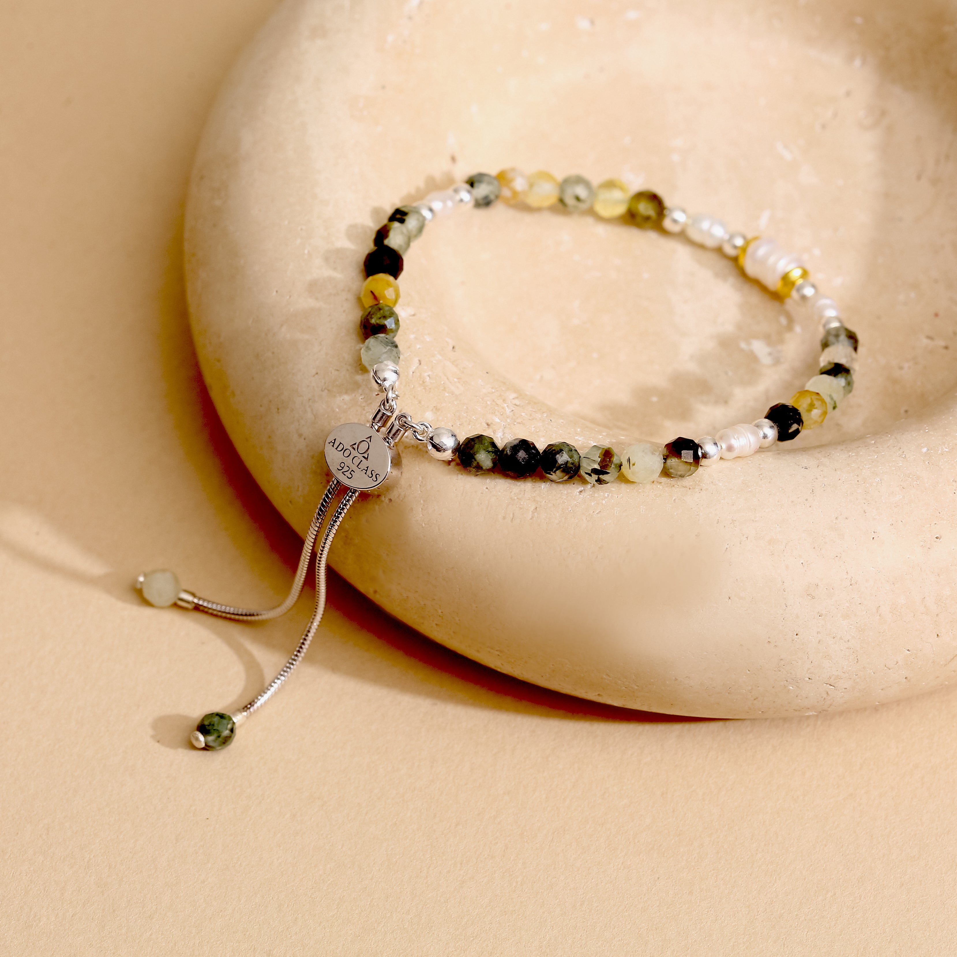 925 Ayar Gümüş Yosun Akik Bileklik - Rodyum Kaplama, Ayarlanabilir Sürgülü