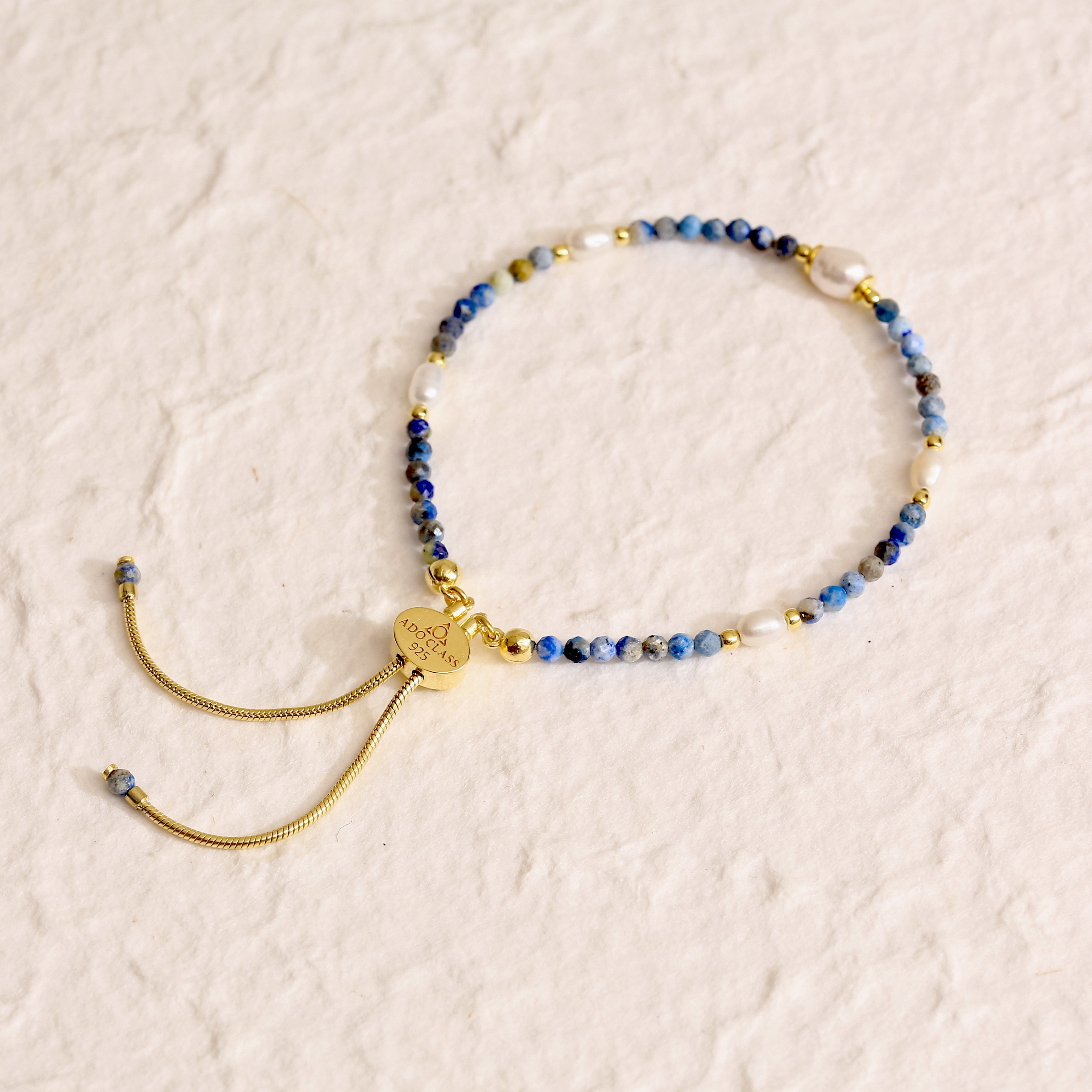 Sodalit ve İnci Detaylı El Yapımı Gümüş Bileklik - 18K Gold Vermeil Tasarım