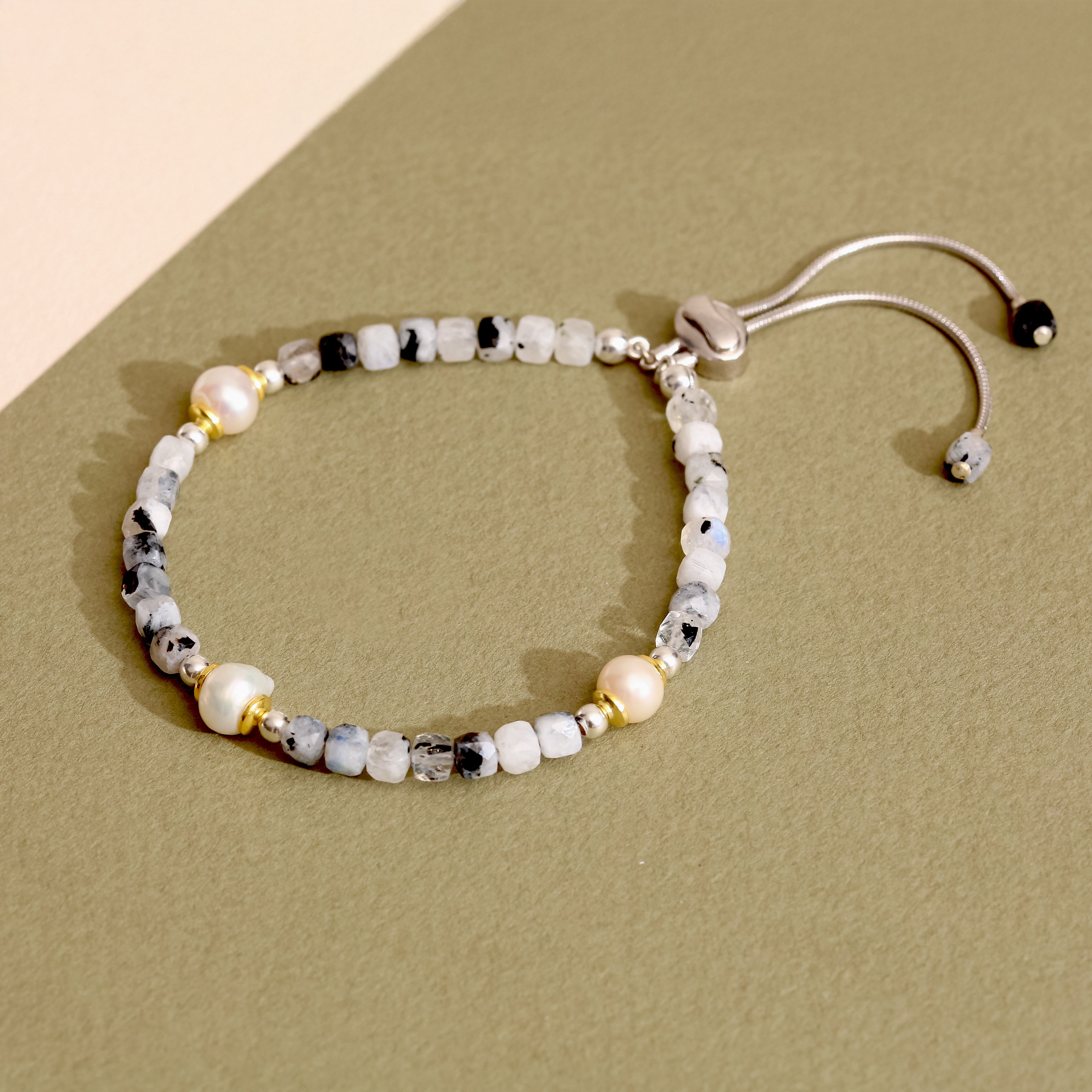 925 Ayar Gümüş Turmalinli Kuvars ve İnci Bileklik - Ayarlanabilir Sürgülü Tasarım