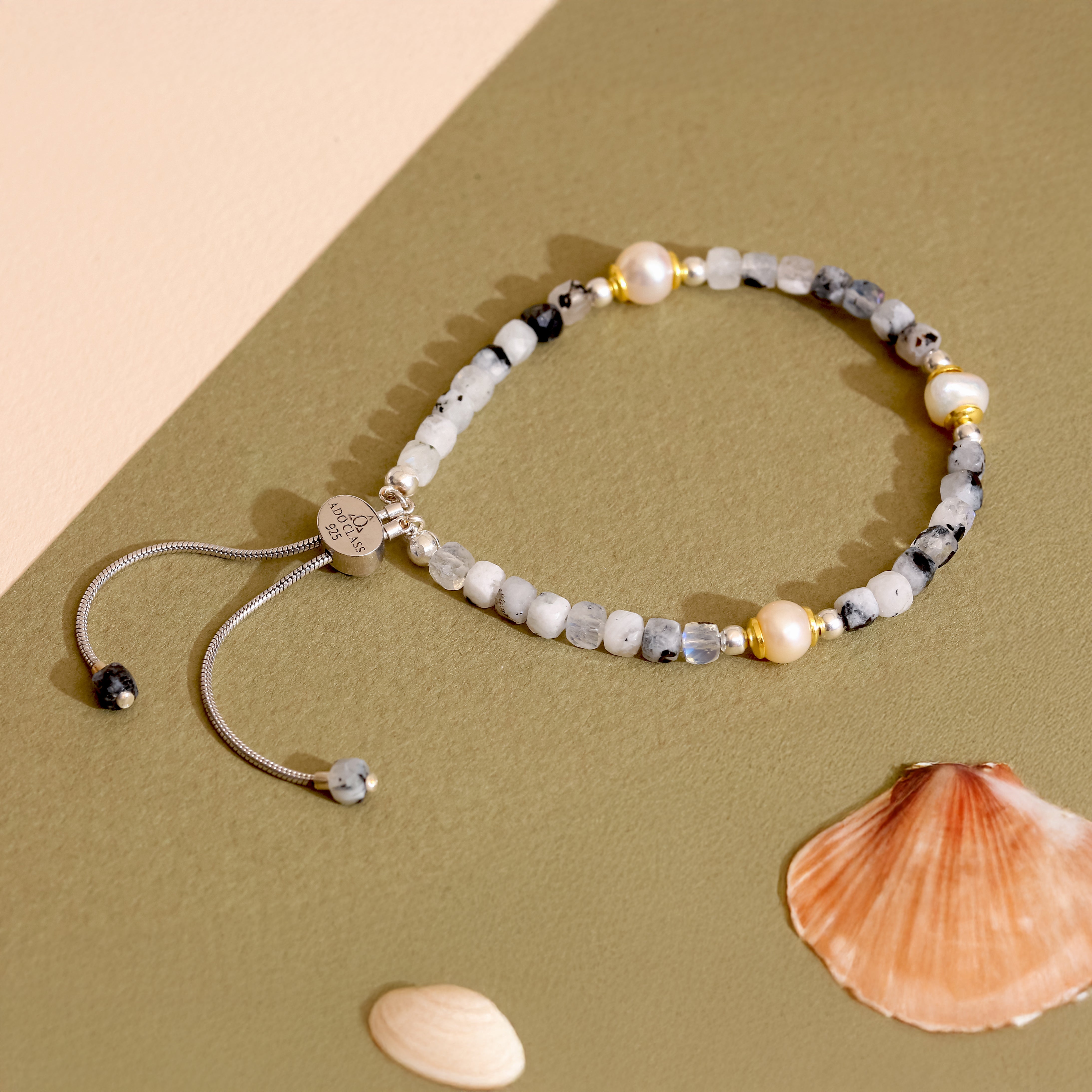 925 Ayar Gümüş Turmalinli Kuvars ve İnci Bileklik - Ayarlanabilir Sürgülü Tasarım