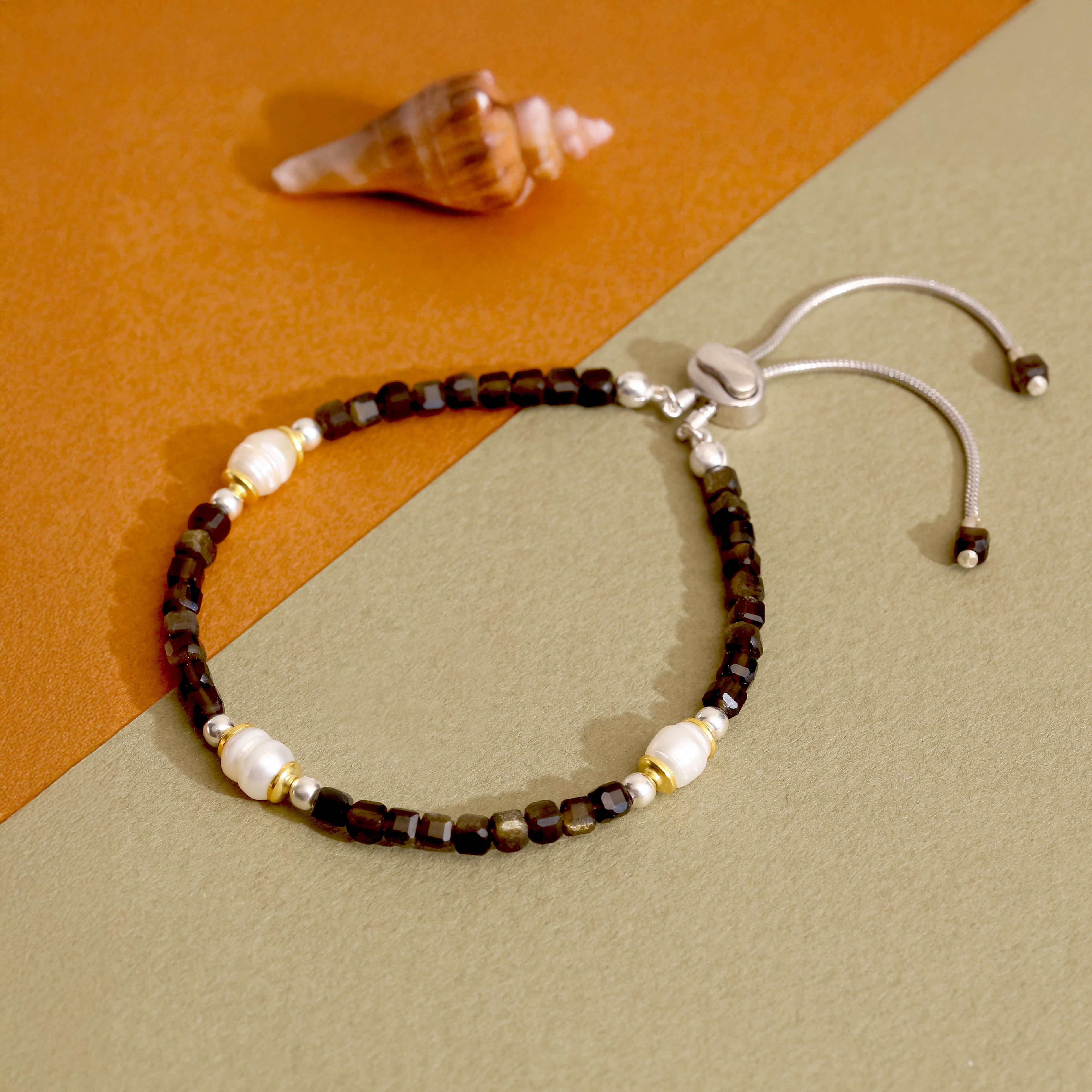 Doğal Siyah Spinel ve Tatlı Su İncisi Taşlı 925 Ayar Gümüş Bileklik - Rodyum Kaplama