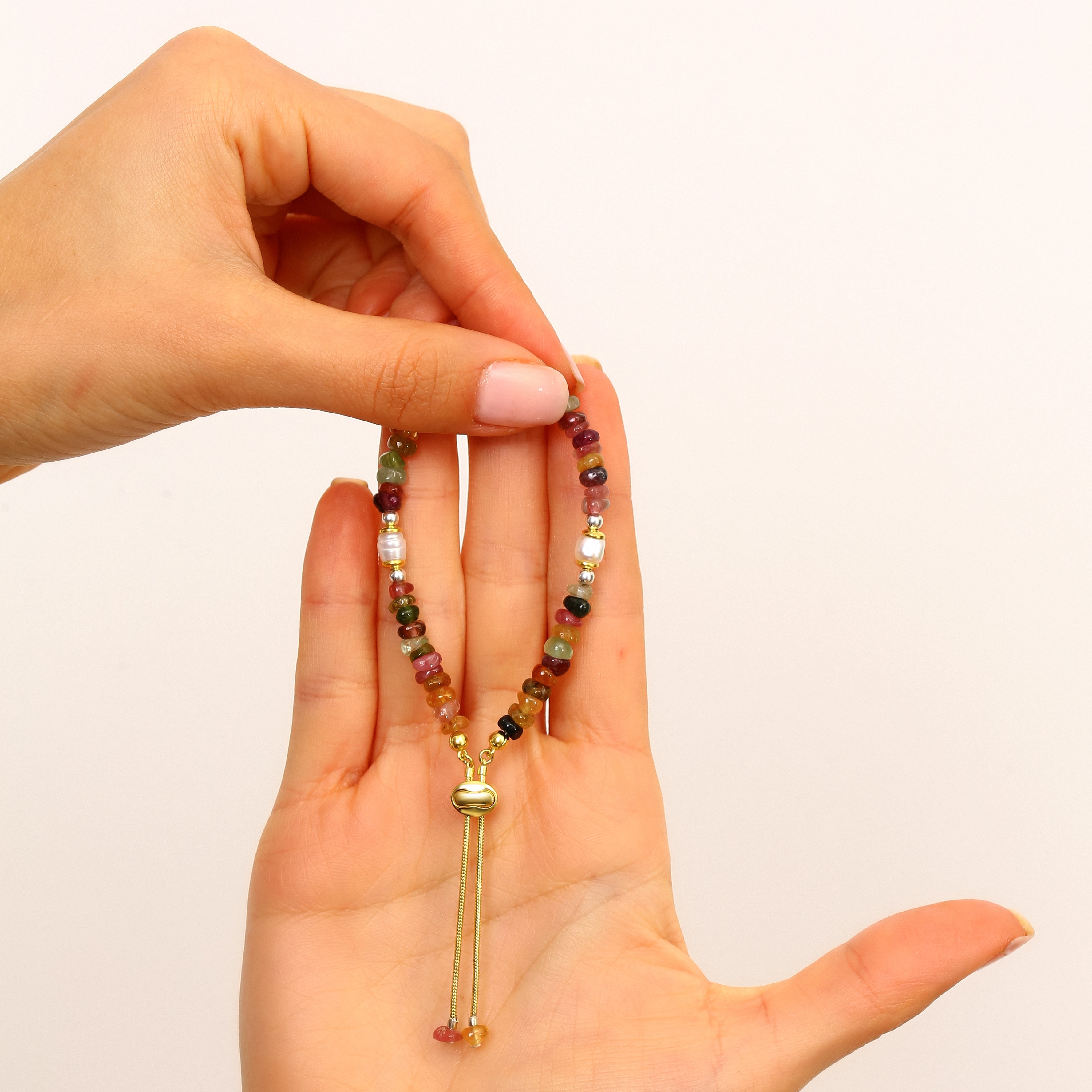 Ayarlanabilir Turmalin Taşı Bileklik - 18 Ayar Altın Kaplama 925 Ayar Gümüş