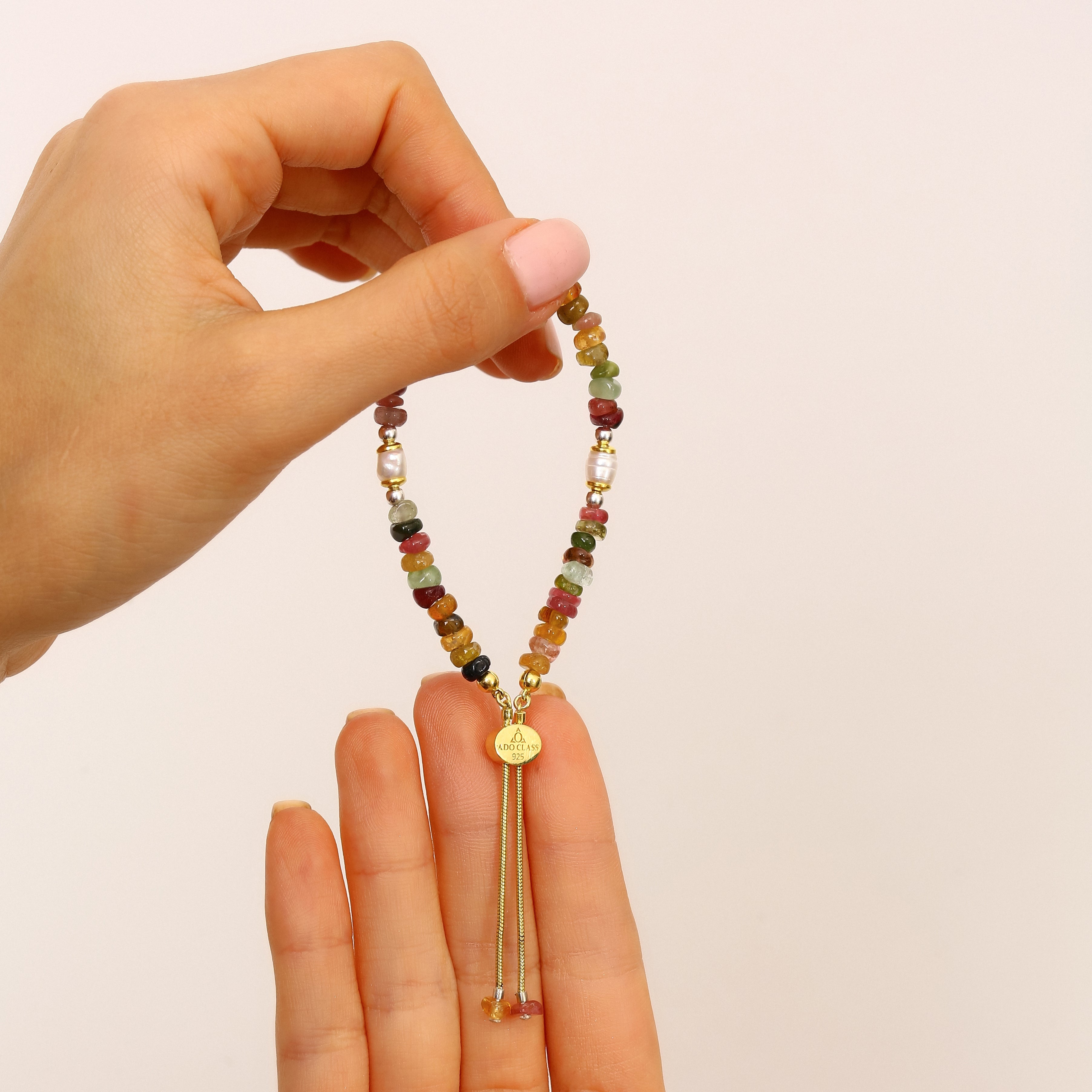 Ayarlanabilir Turmalin Taşı Bileklik - 18 Ayar Altın Kaplama 925 Ayar Gümüş