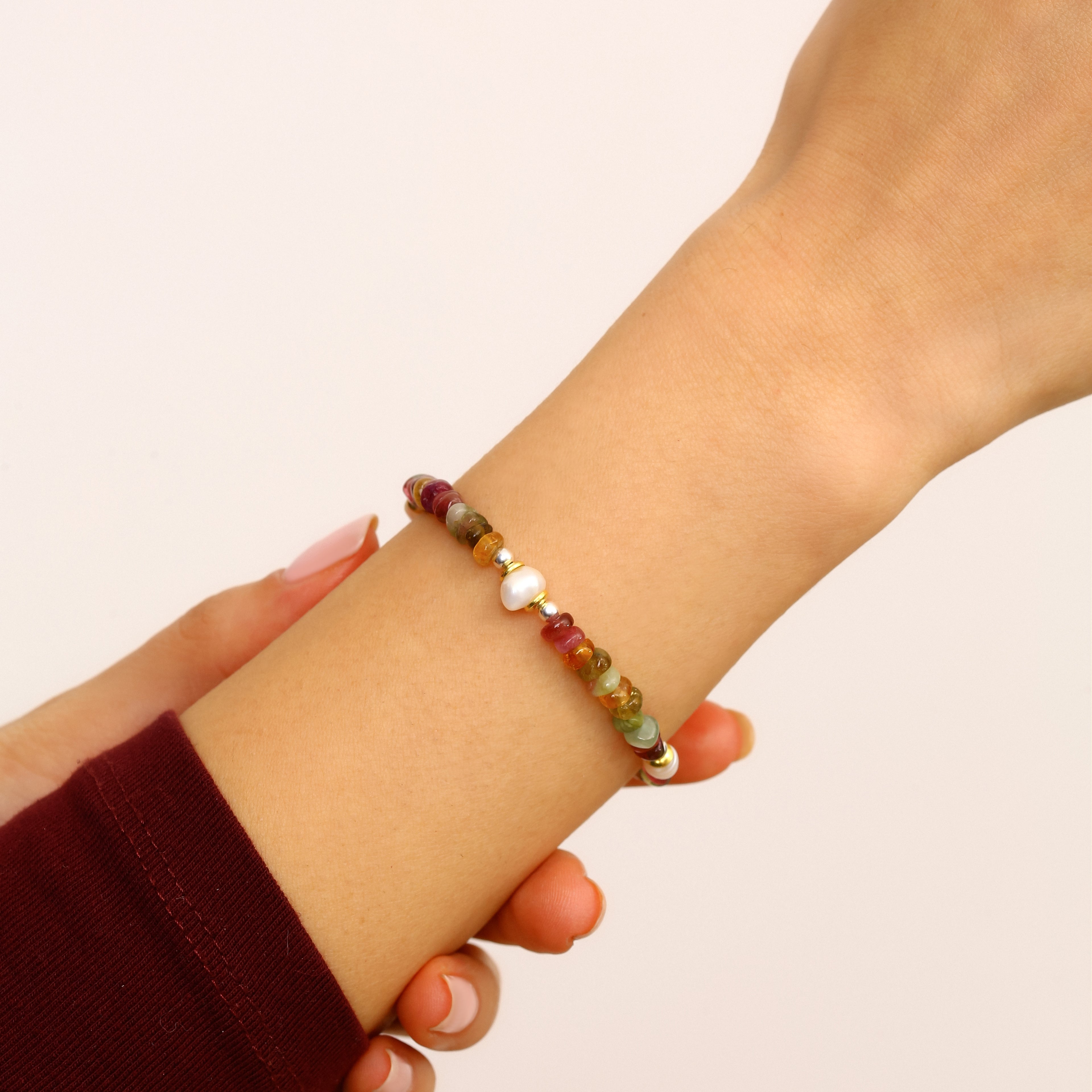 Ayarlanabilir Turmalin Taşı Bileklik - 18 Ayar Altın Kaplama 925 Ayar Gümüş