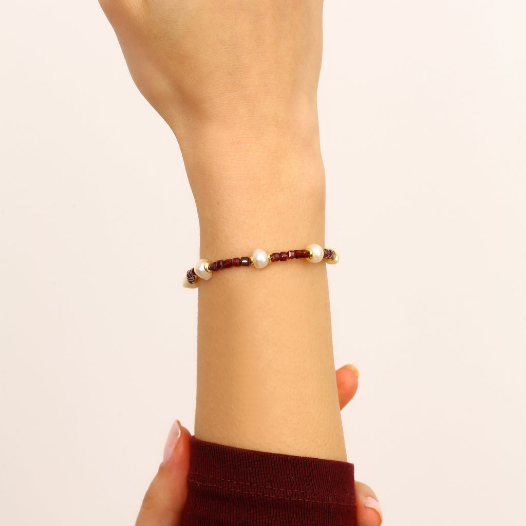 18K Gold Vermeil Garnet & İnci Bileklik - 925 Ayar Gümüş El İşçiliği